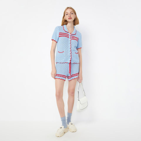 Lazy Morning Effect Knitted Short Sleeve Shirt - Jelly Bunny TH