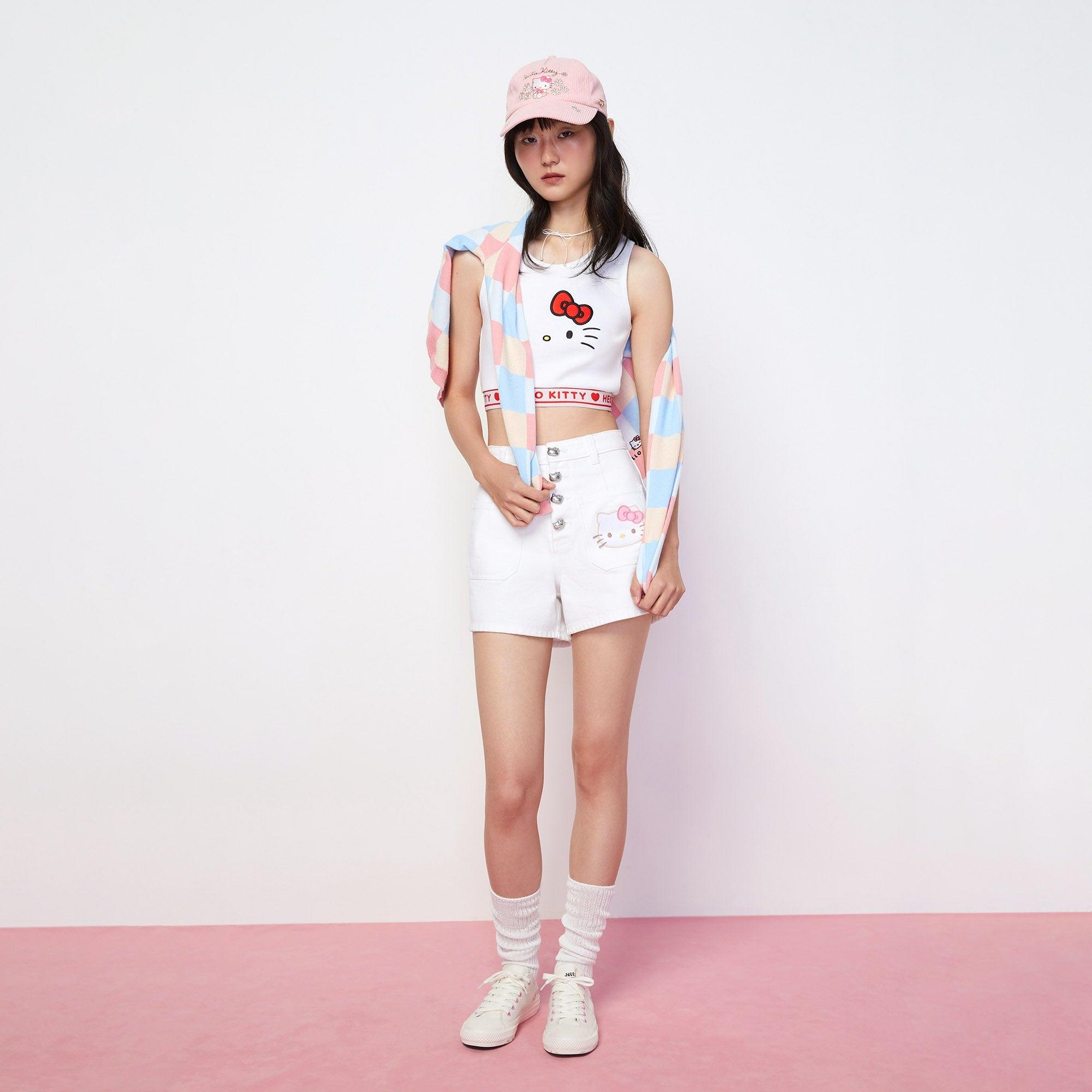 Kitty Embroidered Denim Shorts White - Jelly Bunny Thailand Official Online Store