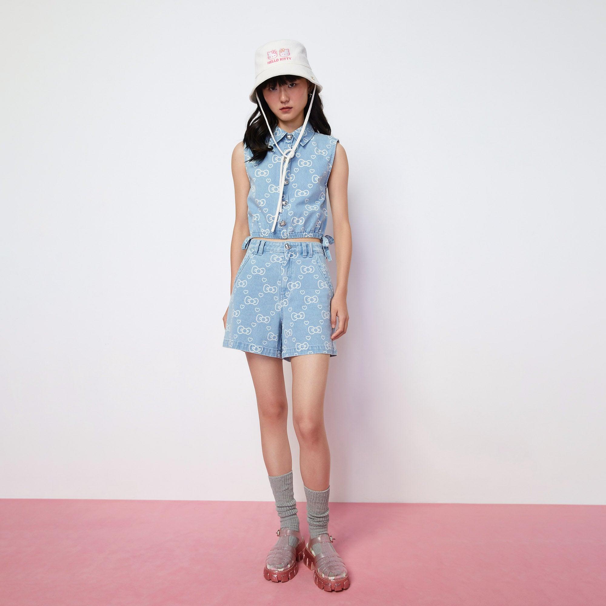 Kitty Monogram Washed Denim Shorts Blue - Jelly Bunny Thailand Official Online Store