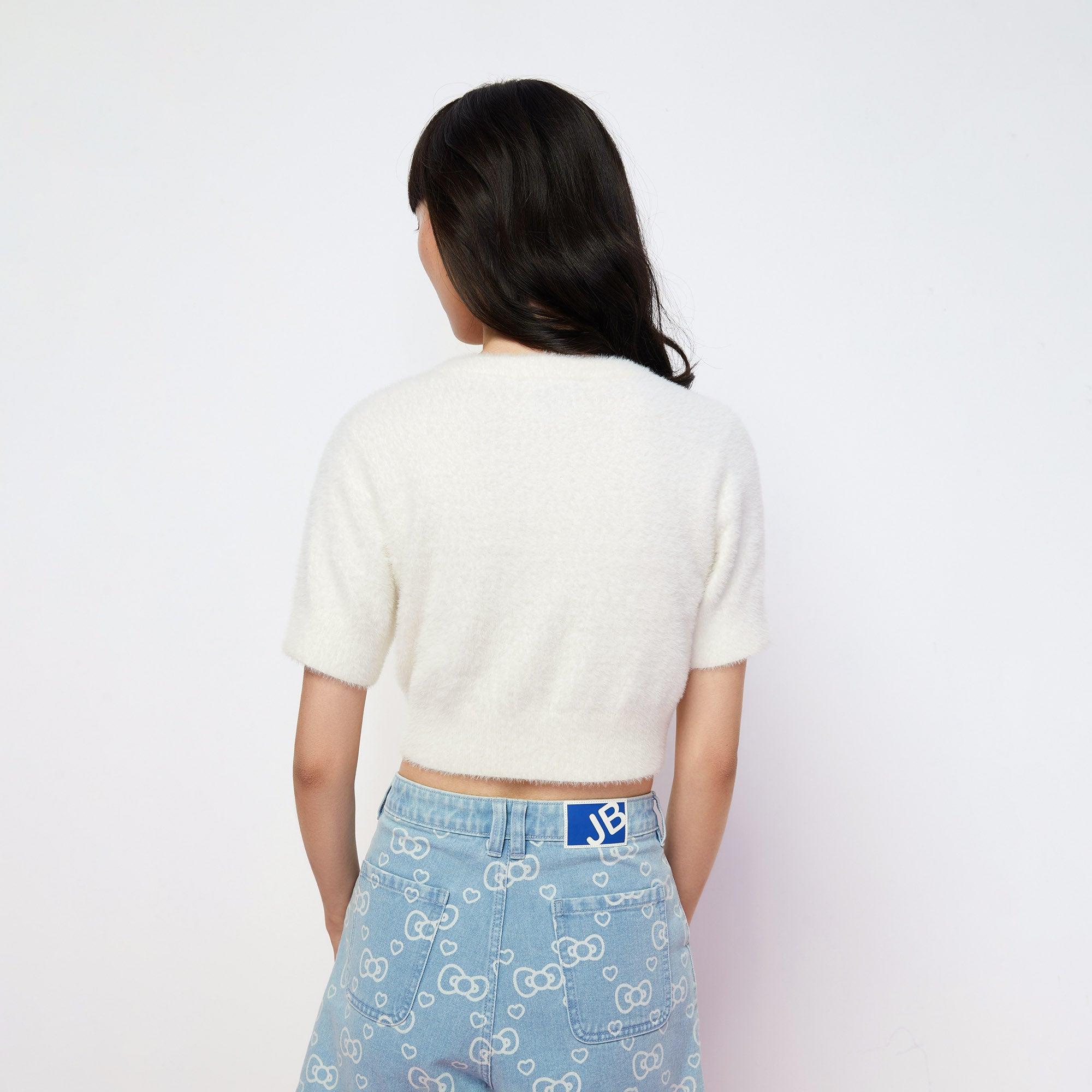 Kitty Cozy Embroidered Cropped Top White - Jelly Bunny Thailand Official Online Store