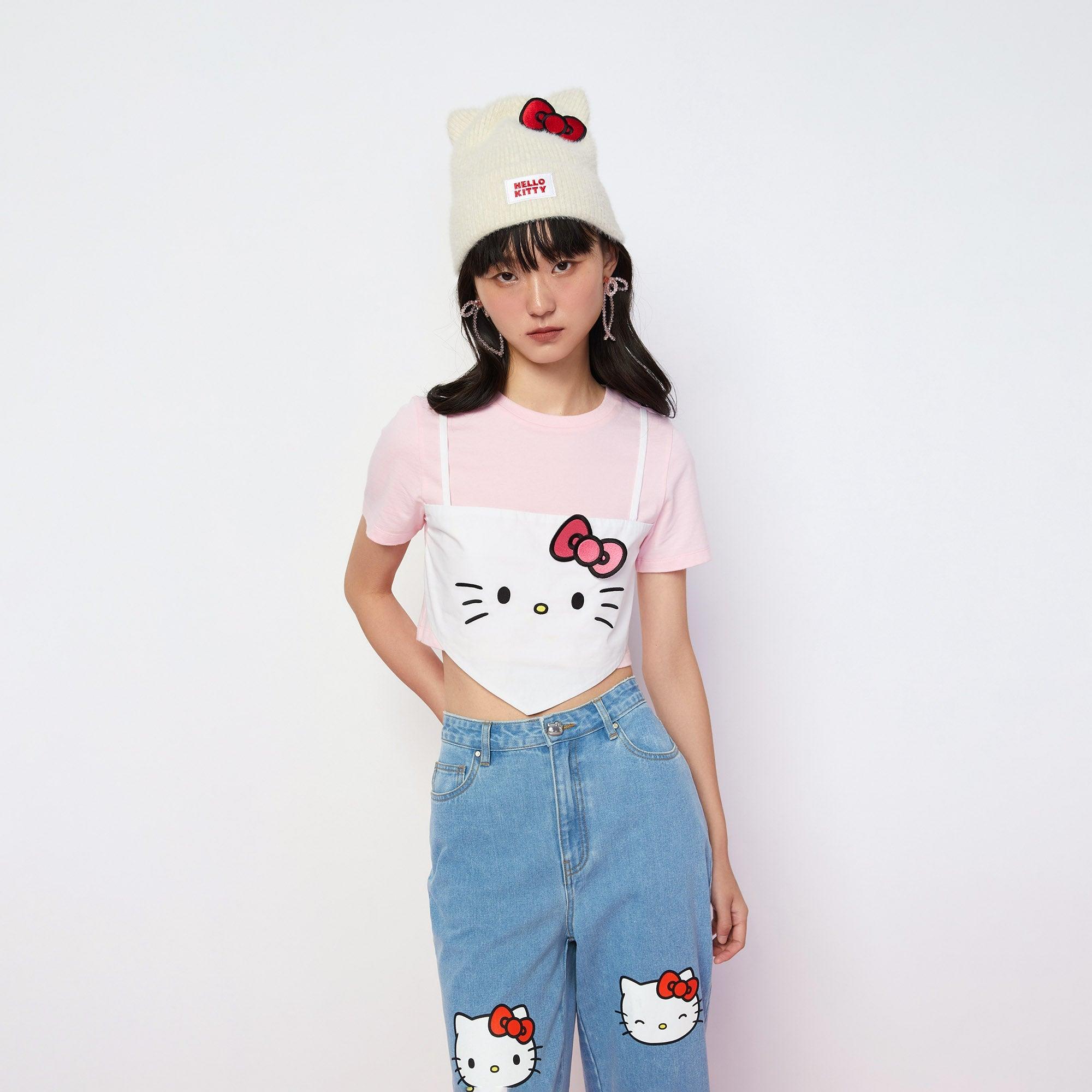 Kitty Embroidered Layered Crop Tee Multi Color - Jelly Bunny Thailand Official Online Store