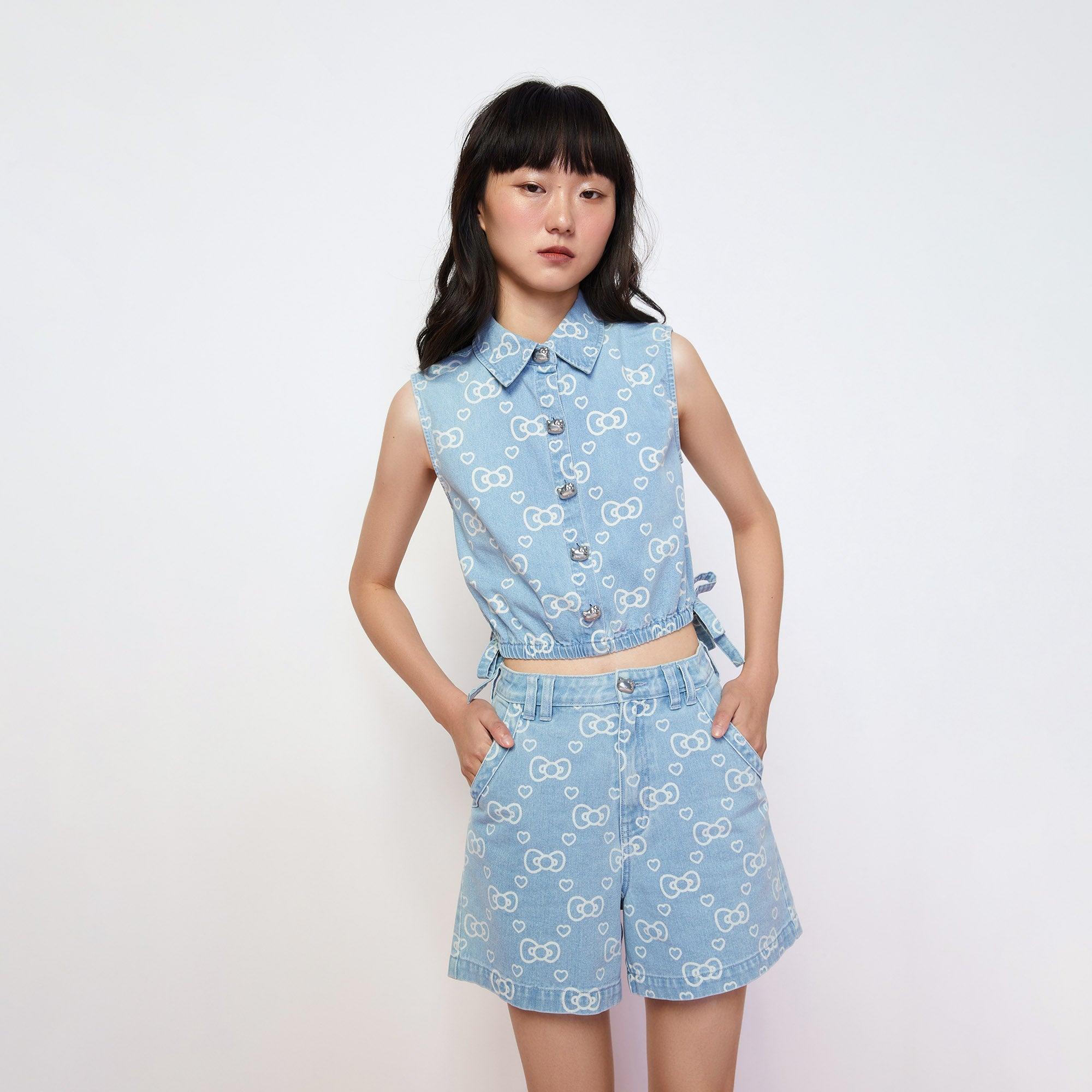 Hello Kitty Ribbon Denim Sleeveless Shirt Blue - Jelly Bunny Thailand Official Online Store