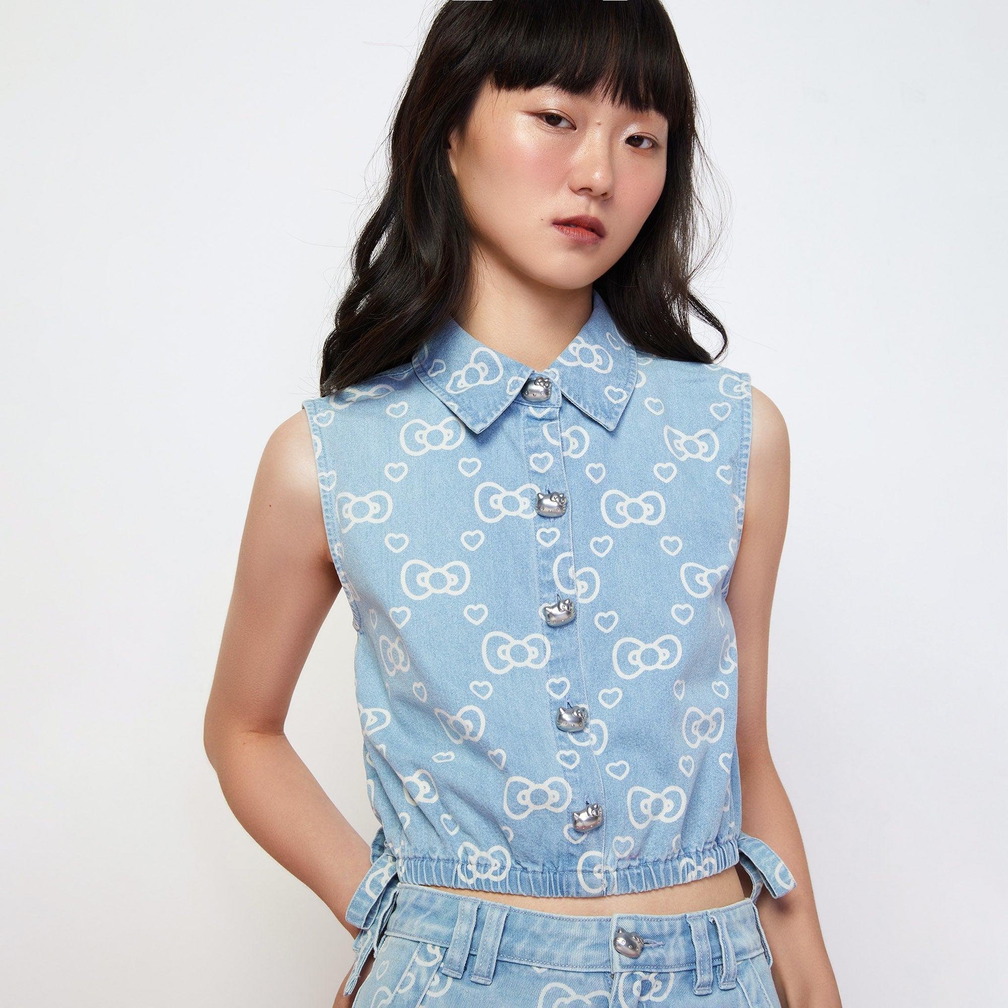 Hello Kitty Ribbon Denim Sleeveless Shirt Blue - Jelly Bunny Thailand Official Online Store