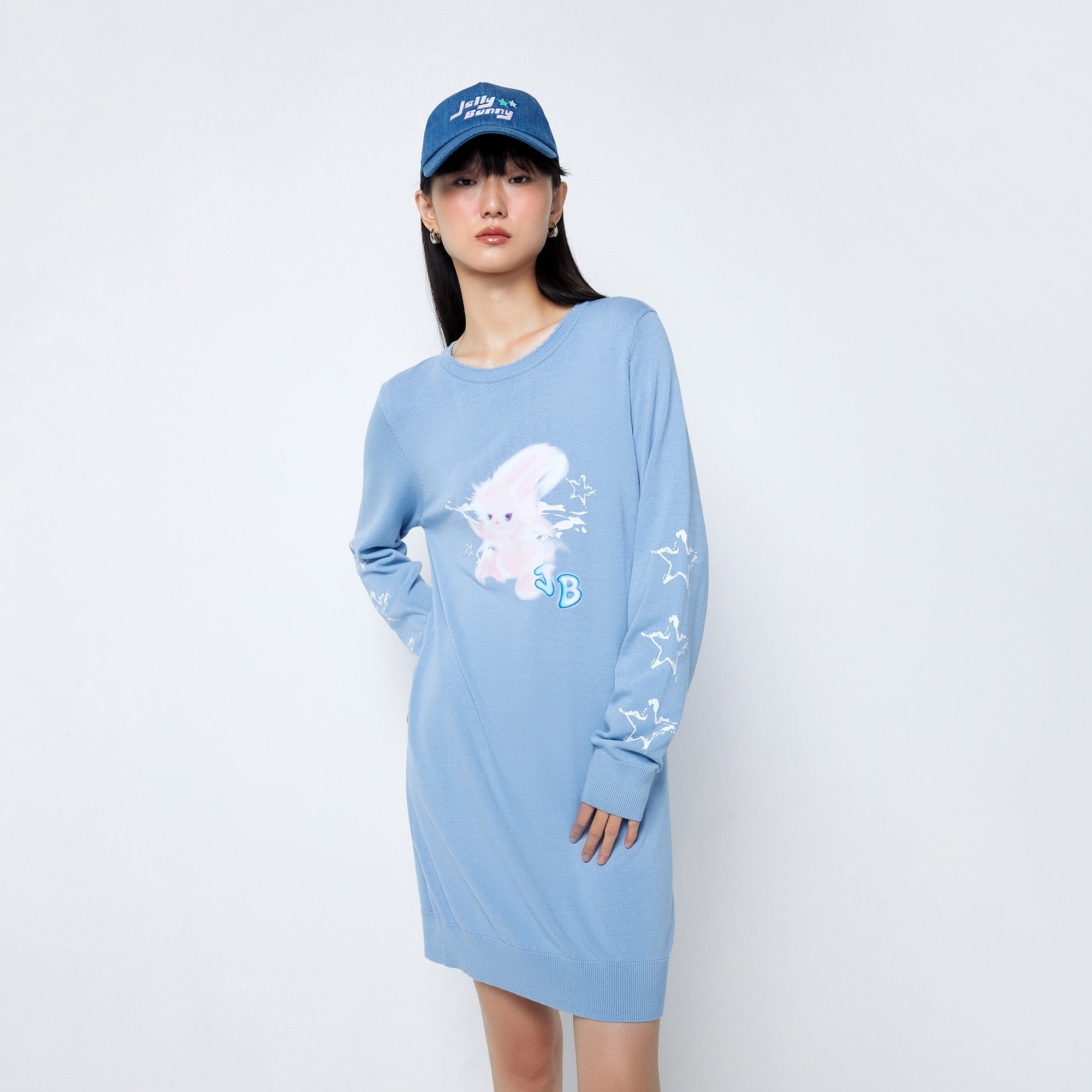 Jb Misty Bunny Printed Long Sleeve Mini Pullover Dress Blue - Jelly Bunny Thailand Official Online Store