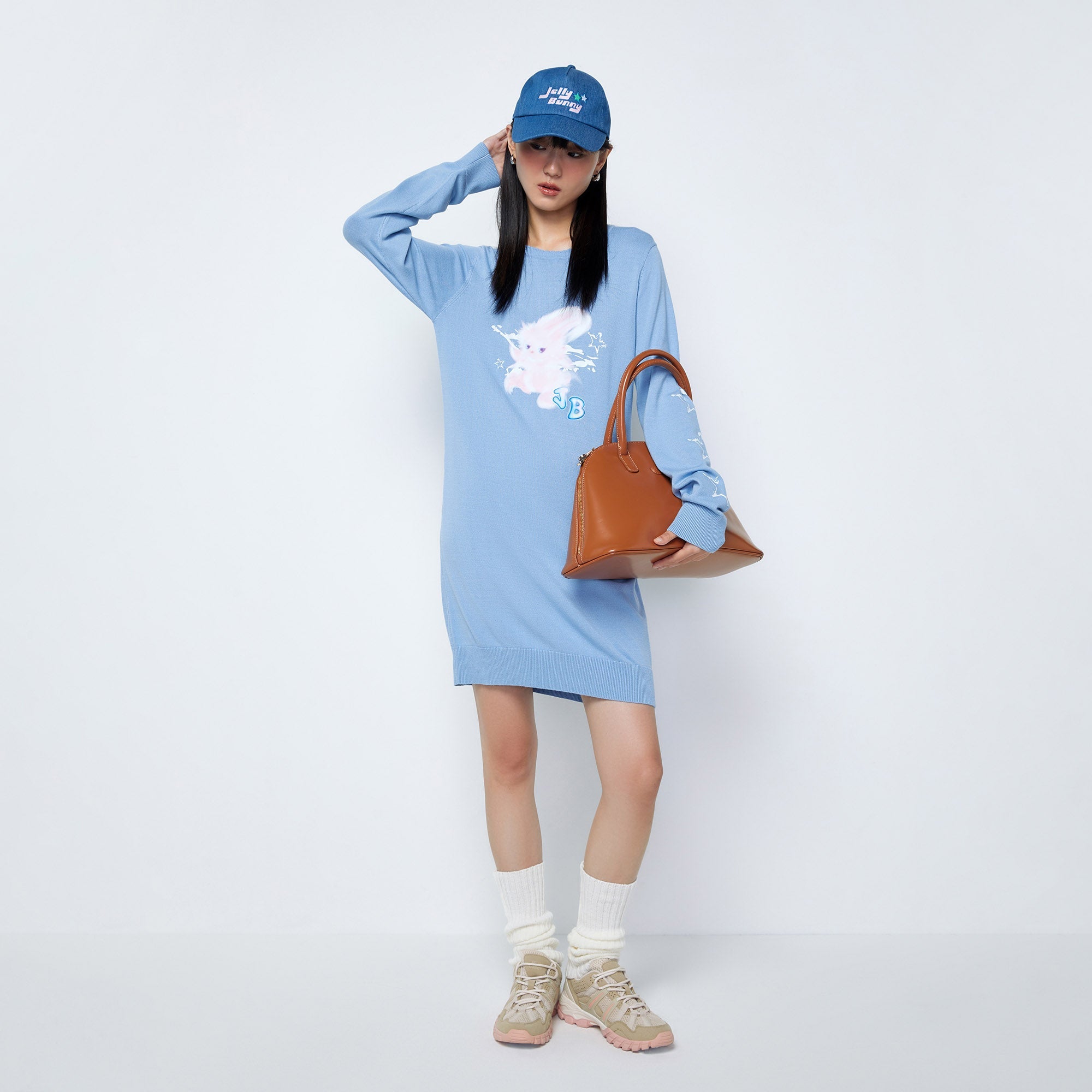 Jb Misty Bunny Printed Long Sleeve Mini Pullover Dress Blue