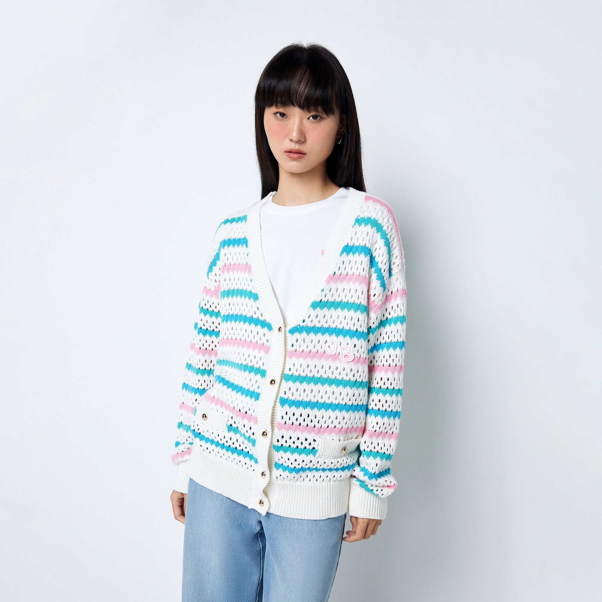 Striped Mesh Knit Cardigan Multi Color