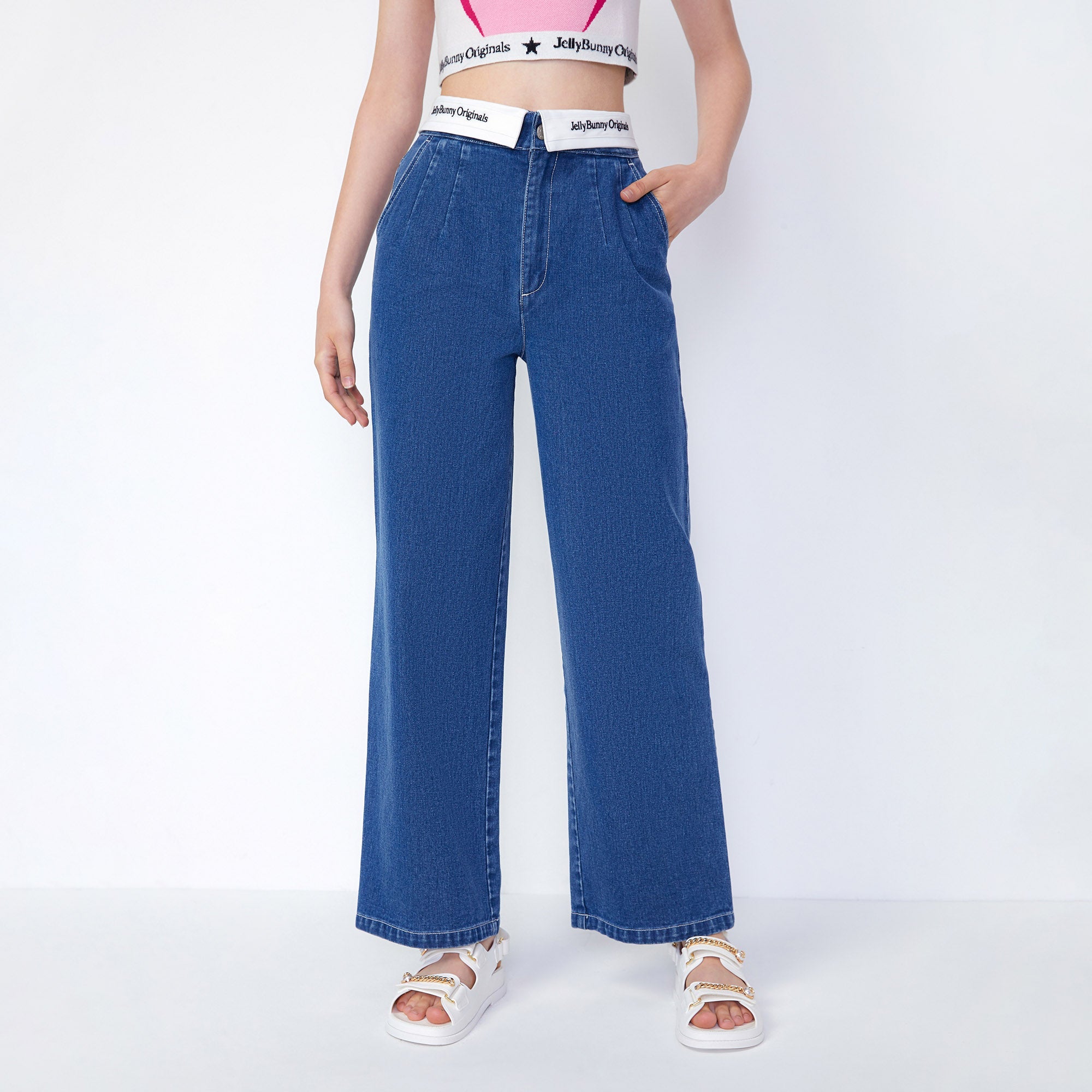 Fold-Over Straight Denim Jeans Blue - Jelly Bunny Thailand Official Online Store