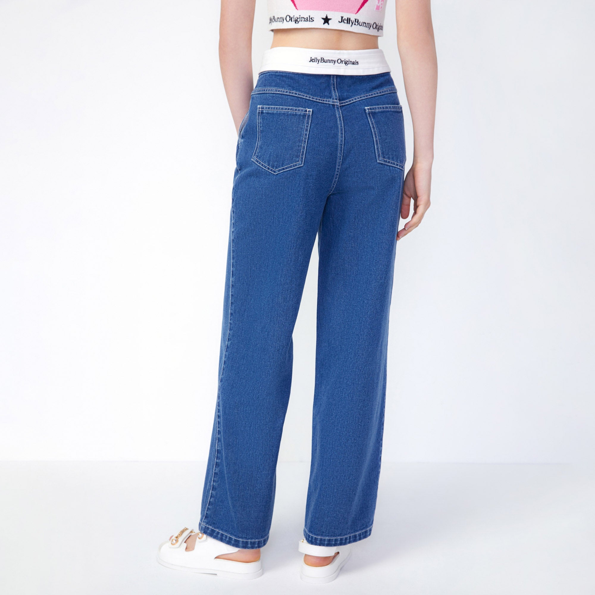 Fold-Over Straight Denim Jeans Blue