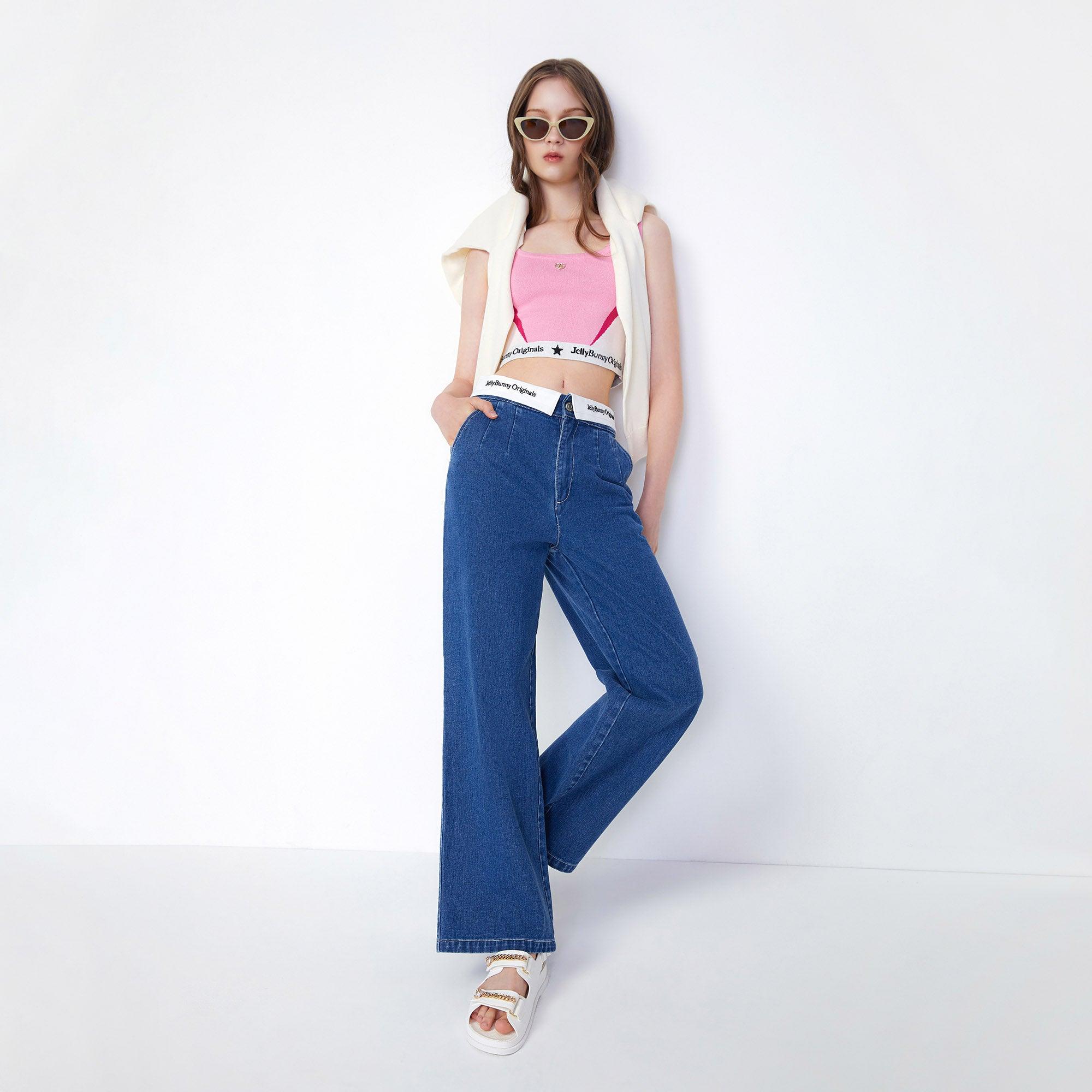 Fold-Over Straight Denim Jeans Blue - Jelly Bunny Thailand Official Online Store