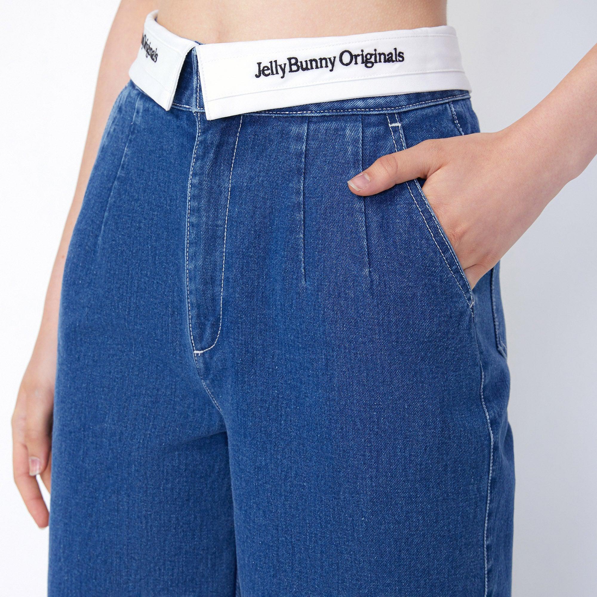 Fold-Over Straight Denim Jeans Blue - Jelly Bunny Thailand Official Online Store