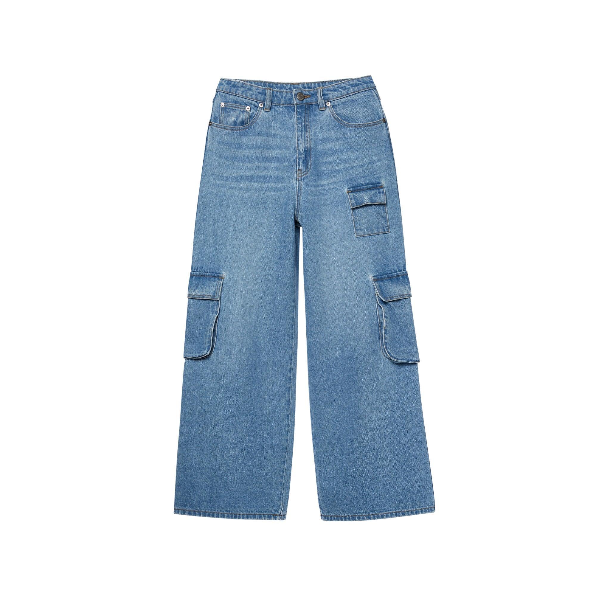 Flap Pockets Wide Leg Jeans Blue - Jelly Bunny Thailand Official Online Store