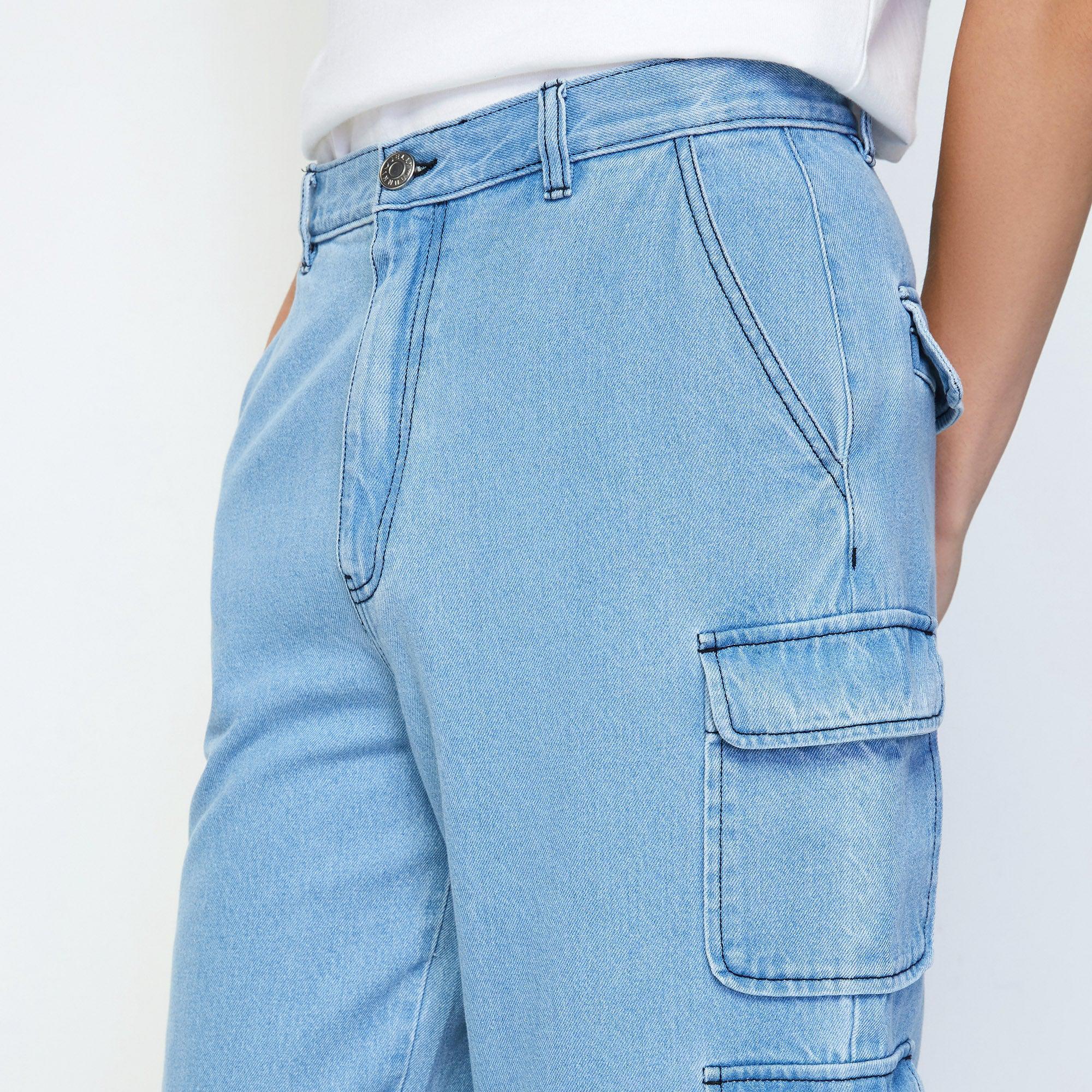 Multipocket Straight-Cut Denim Jeans Artistic Expression Blue - Jelly Bunny Thailand Official Online Store