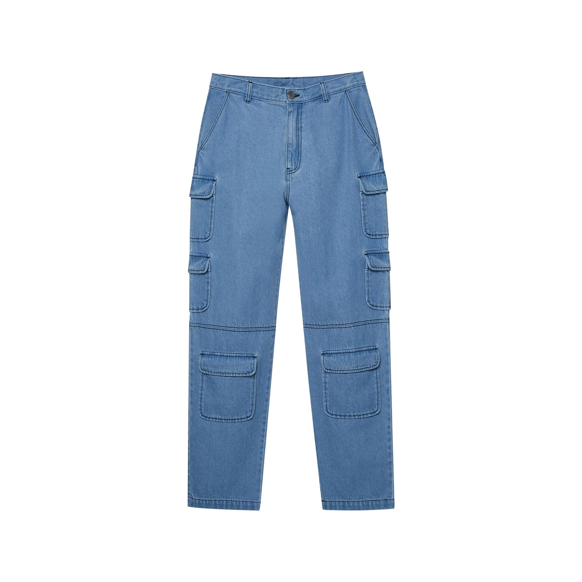 Multipocket Straight-Cut Denim Jeans Artistic Expression Blue - Jelly Bunny Thailand Official Online Store