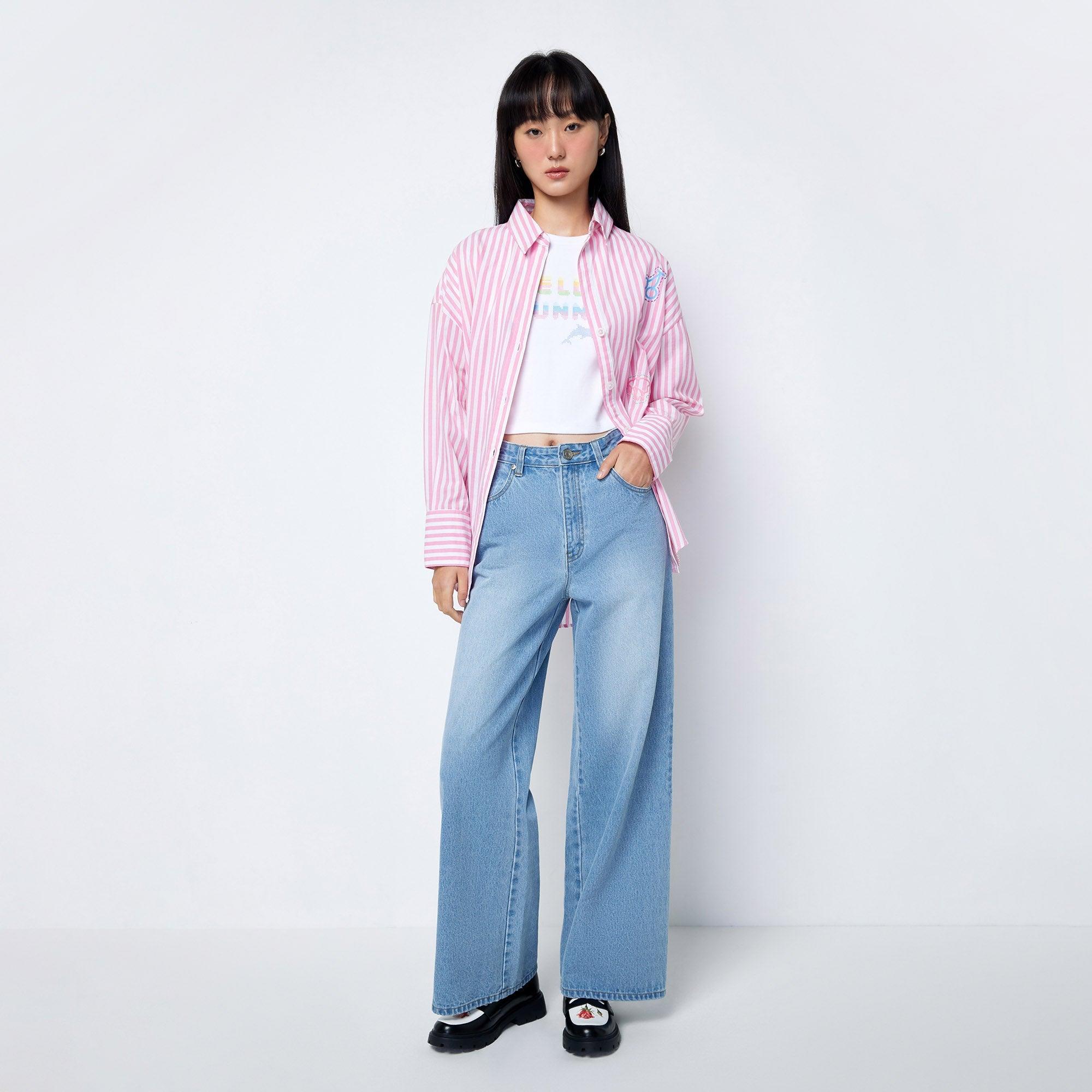 Jb Heart Splash Wide Leg Denim Jeans Blue - Jelly Bunny Thailand Official Online Store