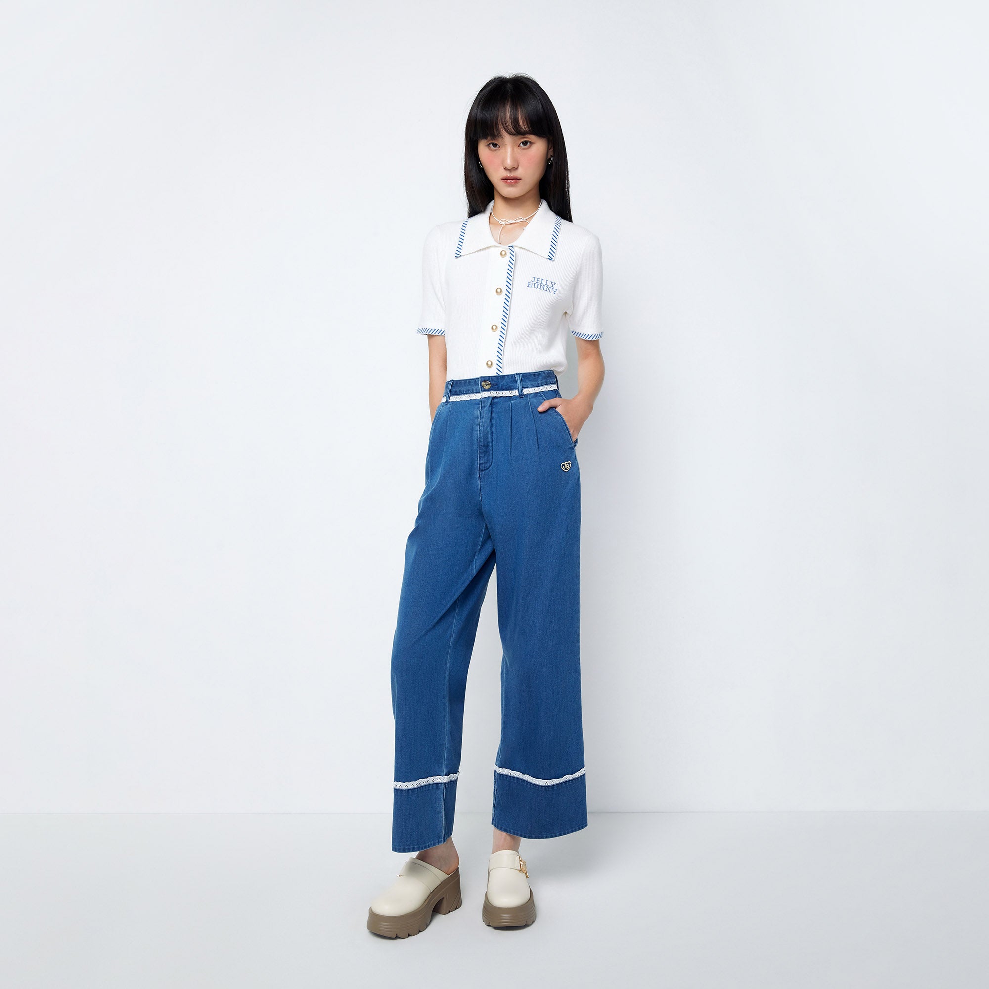 Laced Panel Denim Jeans Blue