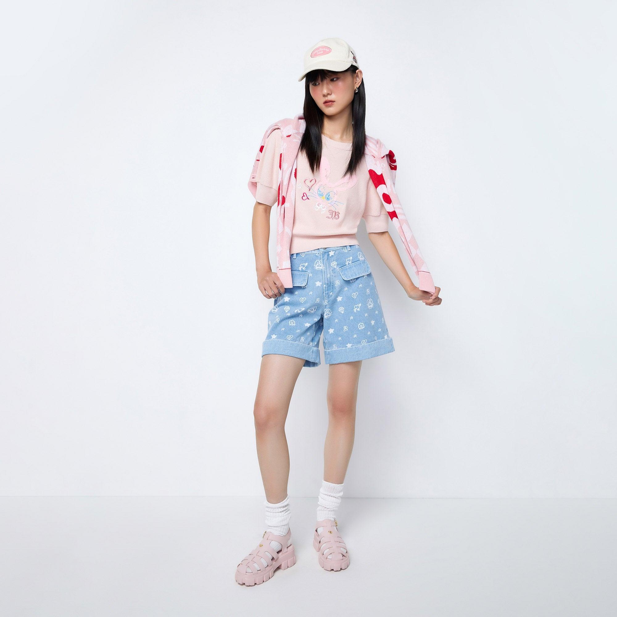 Jb Whimsy Street Monogram Denim Shorts Blue - Jelly Bunny Thailand Official Online Store