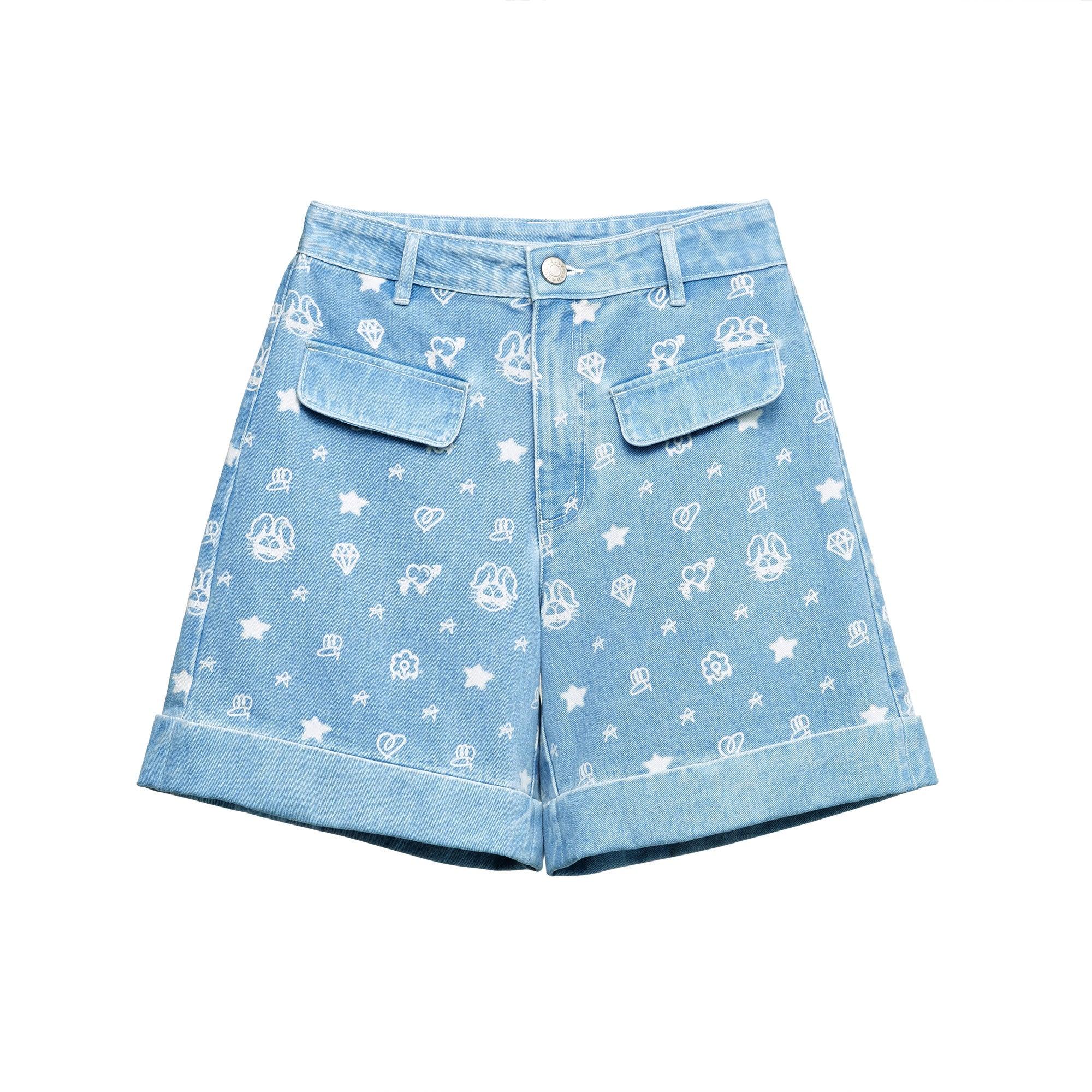 Jb Whimsy Street Monogram Denim Shorts Blue - Jelly Bunny Thailand Official Online Store