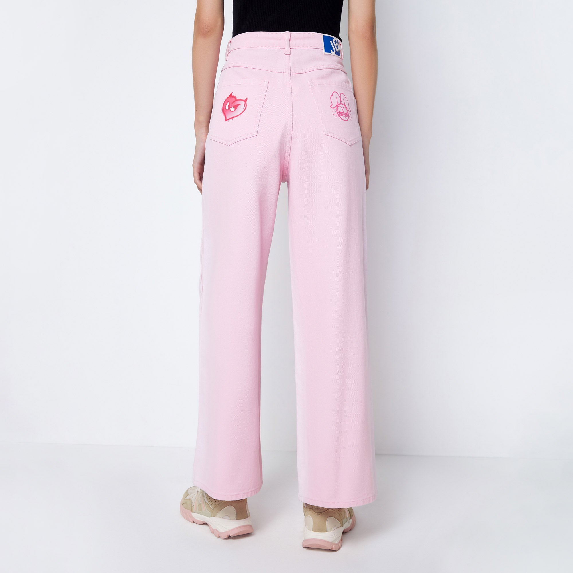 Pinky Devil Hearts Loose Fit Straight Denim Jeans Pink