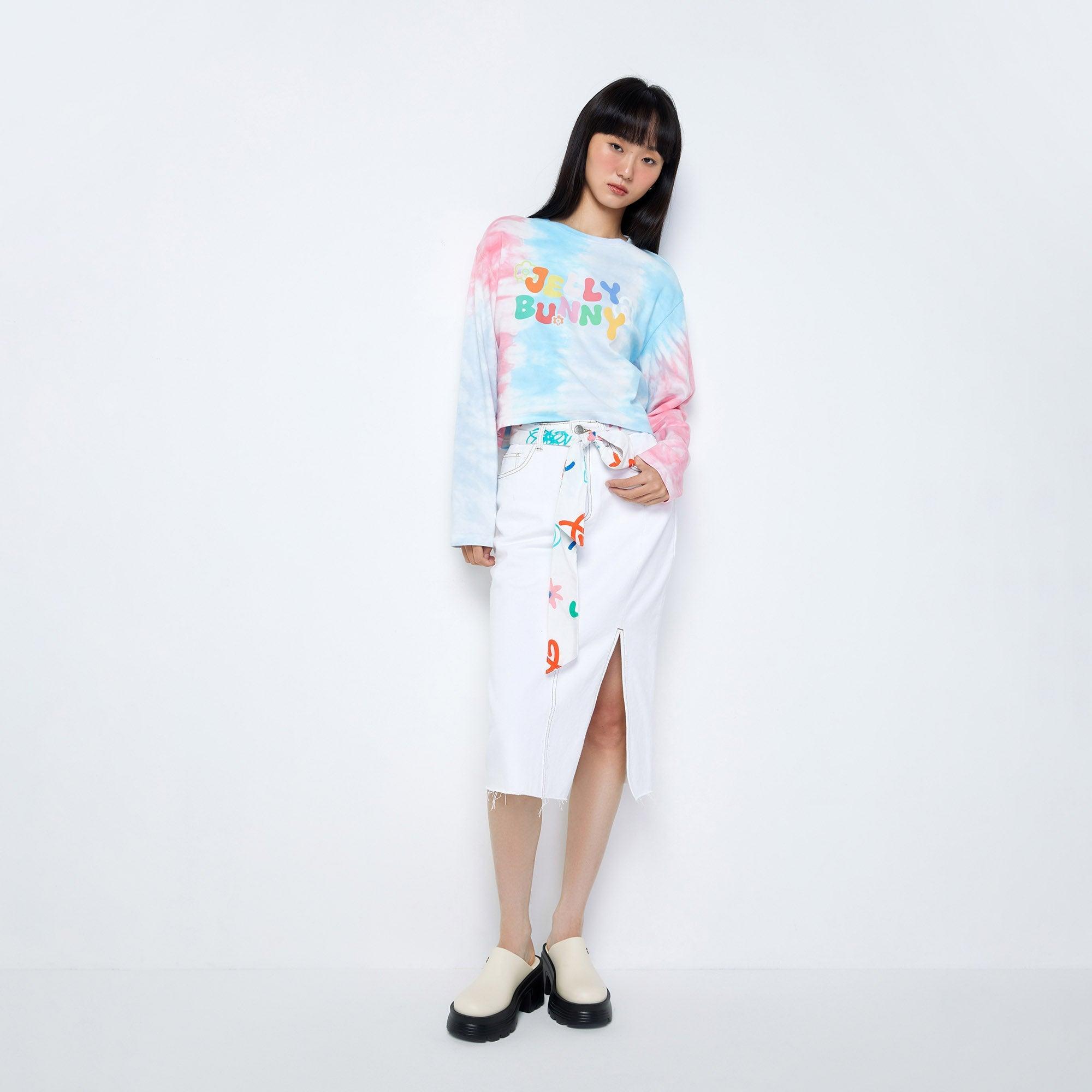 Printed Waistband Tie Straight Midi Denim Skirt Blue - Jelly Bunny Thailand Official Online Store