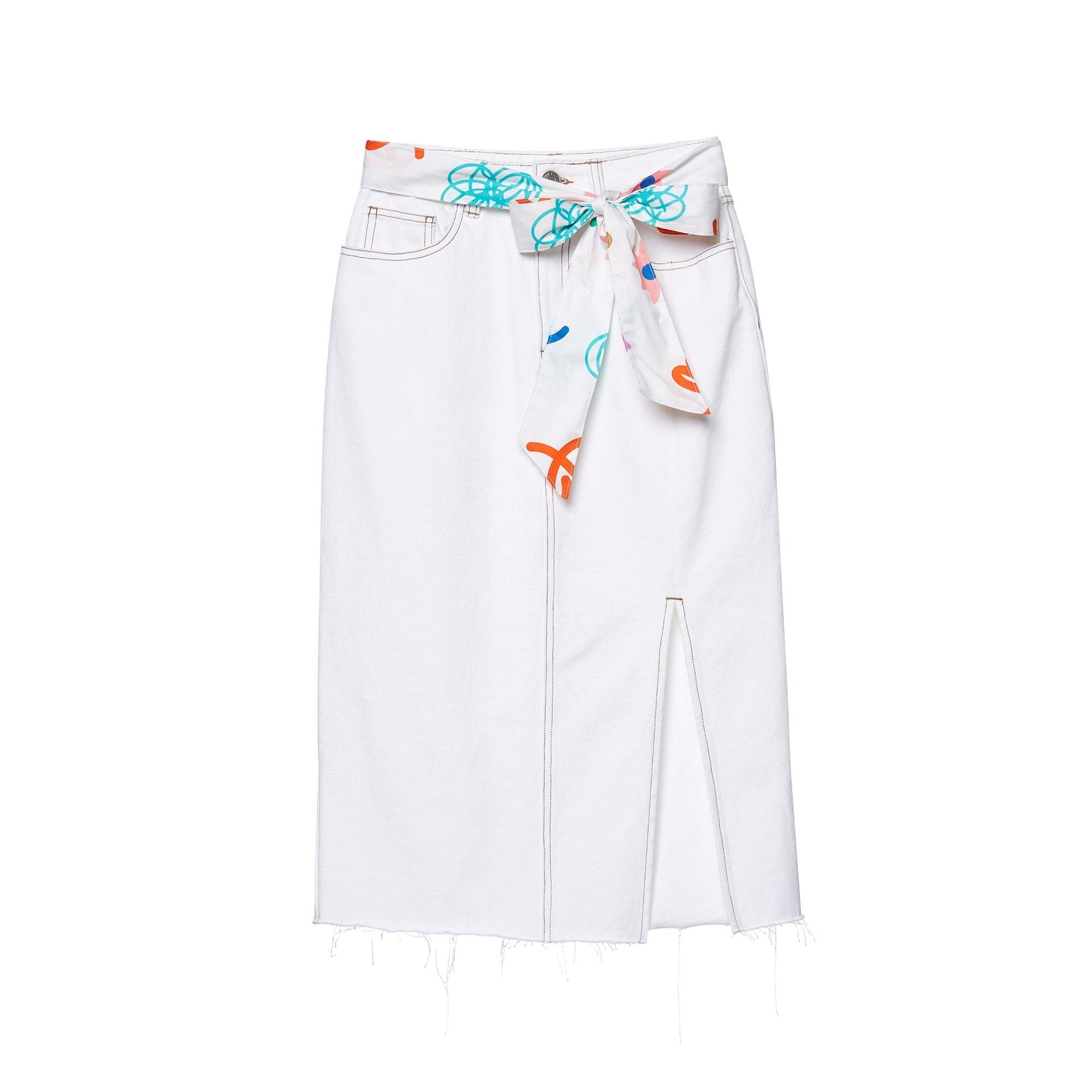 Printed Waistband Tie Straight Midi Denim Skirt Blue - Jelly Bunny Thailand Official Online Store