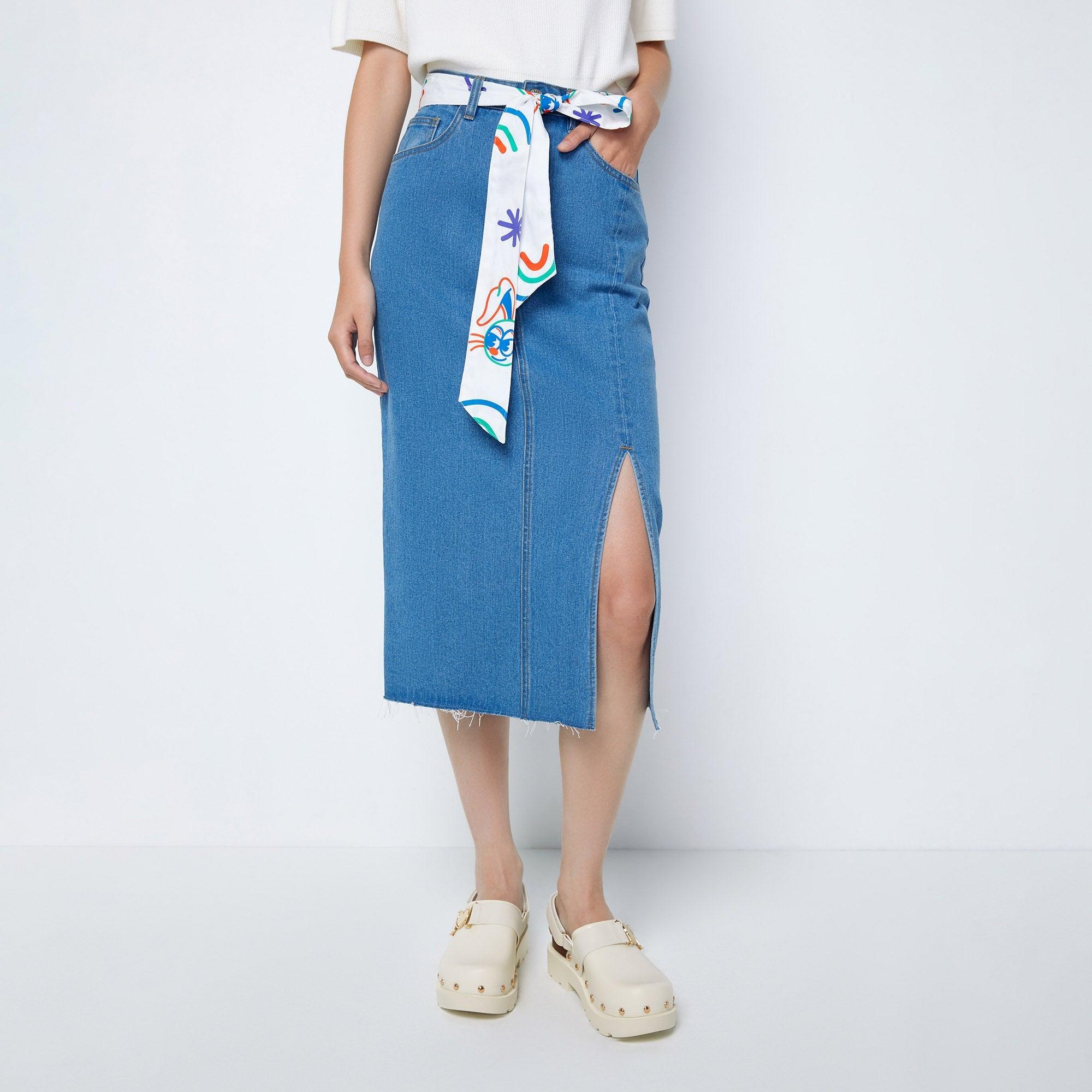 Printed Waistband Tie Straight Midi Denim Skirt White - Jelly Bunny Thailand Official Online Store