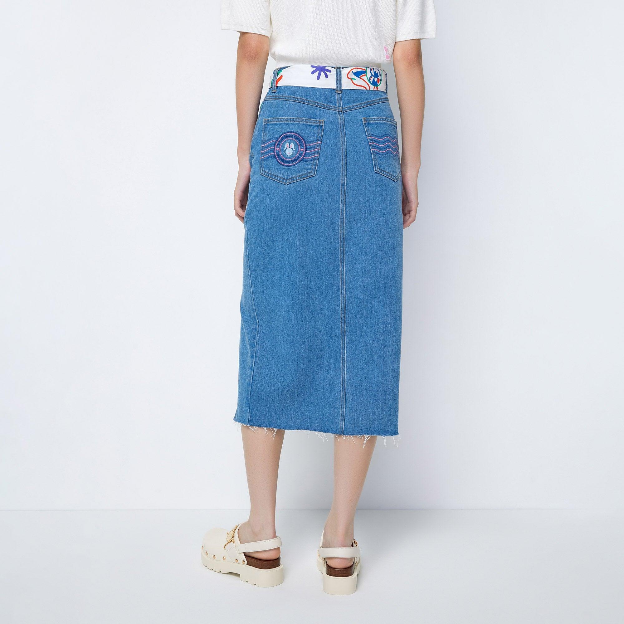 Printed Waistband Tie Straight Midi Denim Skirt White - Jelly Bunny Thailand Official Online Store