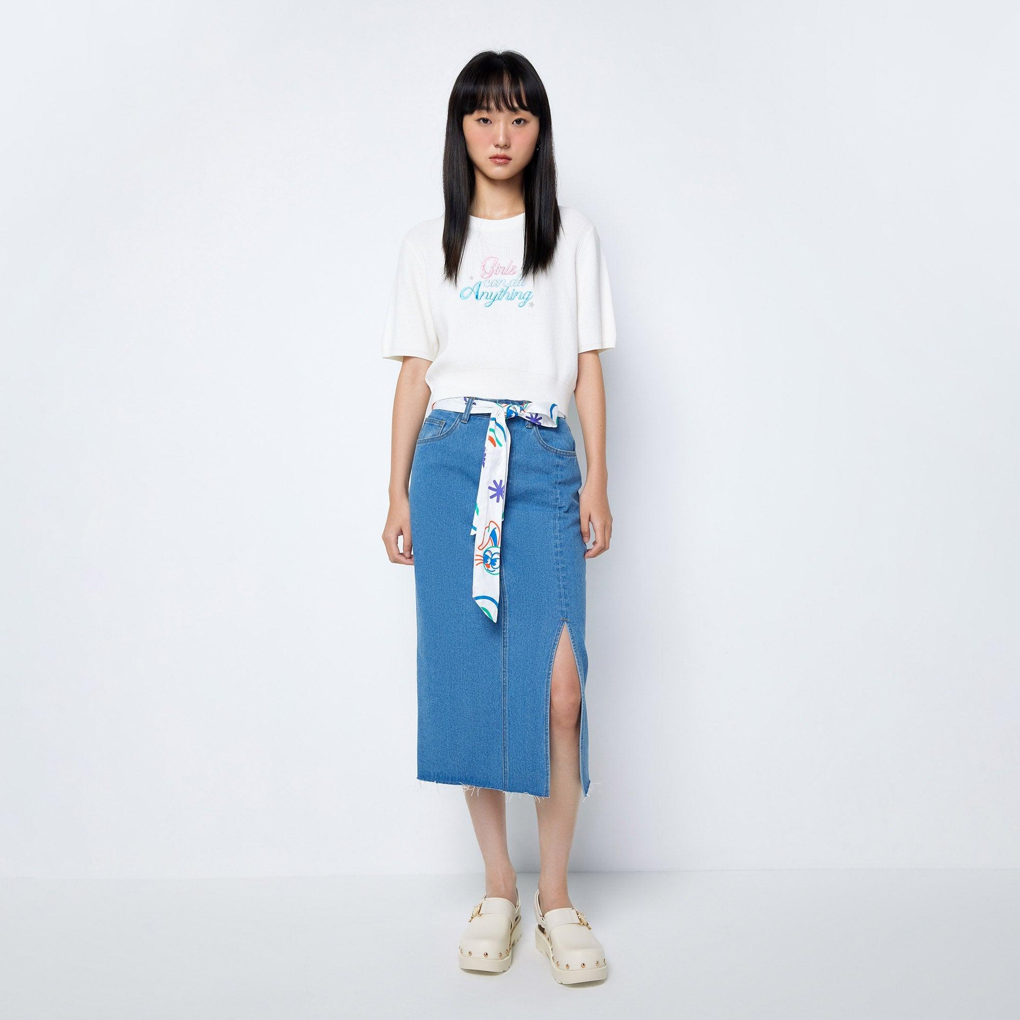 Printed Waistband Tie Straight Midi Denim Skirt White - Jelly Bunny Thailand Official Online Store