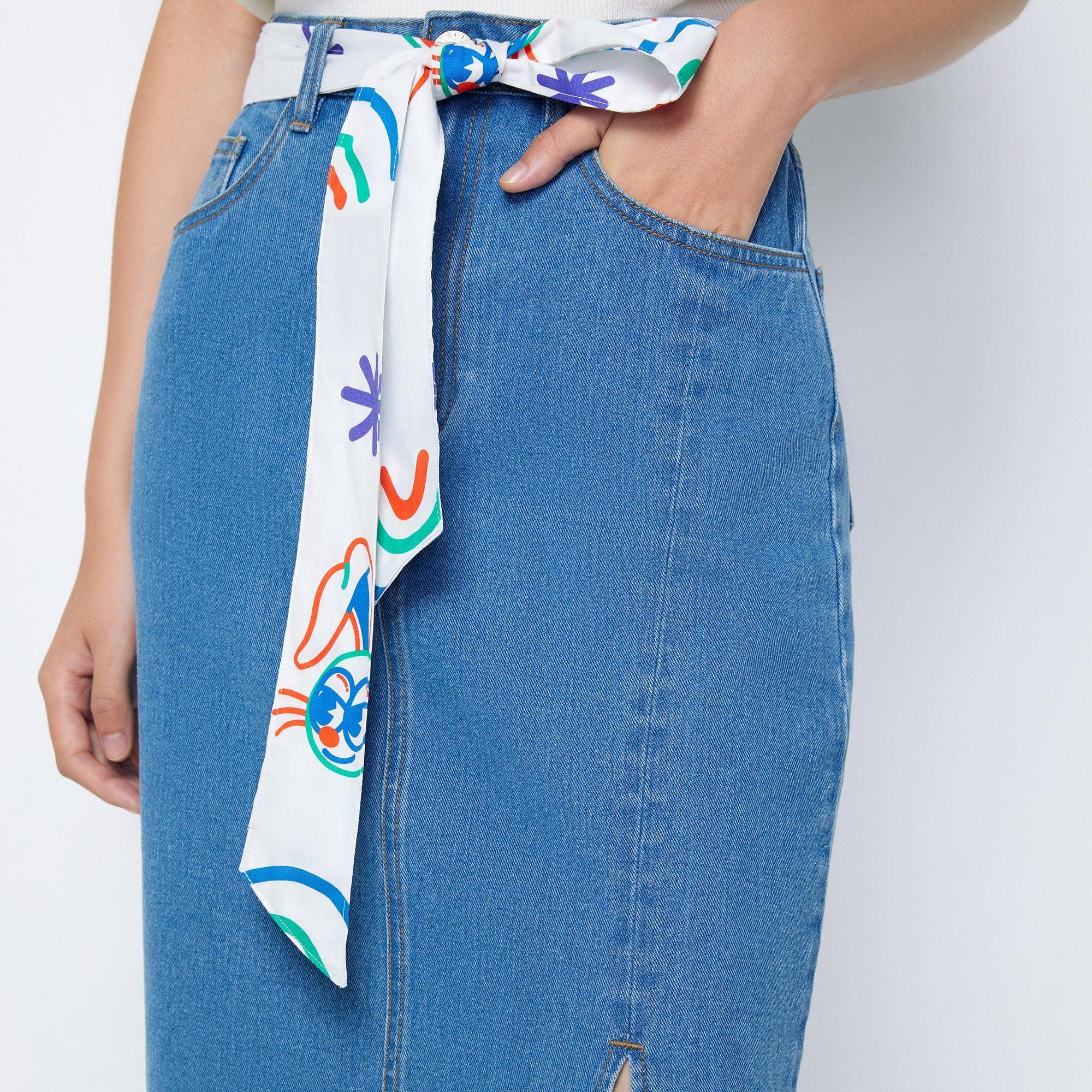 Printed Waistband Tie Straight Midi Denim Skirt White - Jelly Bunny Thailand Official Online Store