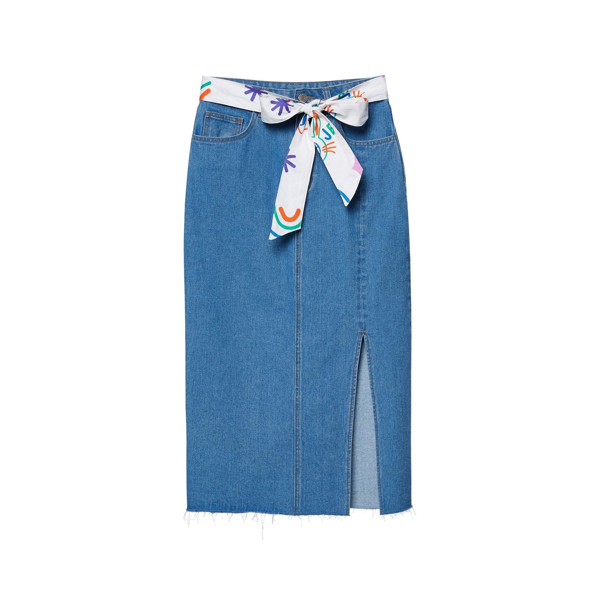 Printed Waistband Tie Straight Midi Denim Skirt White - Jelly Bunny Thailand Official Online Store