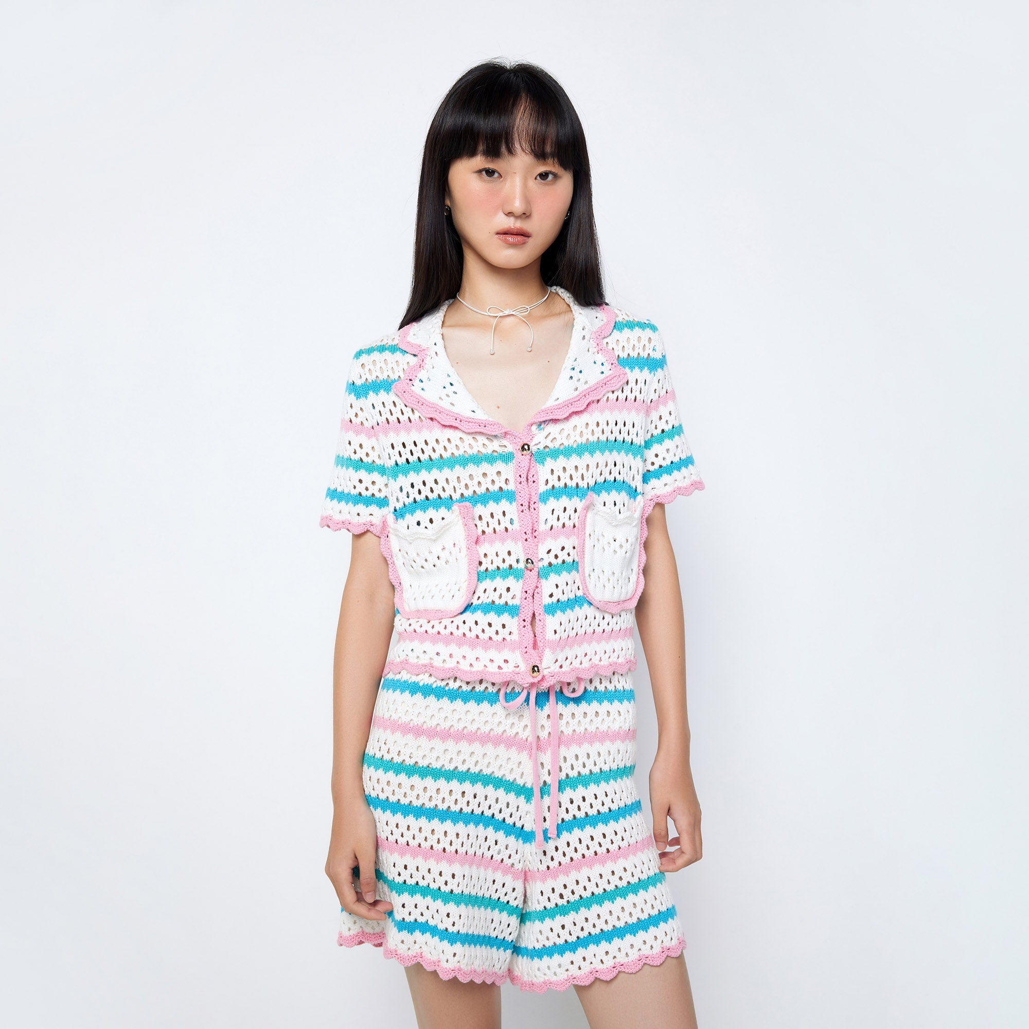 Jb Vibrant Striped Broderie Knitted Short Sleeve Shirt Multi Color