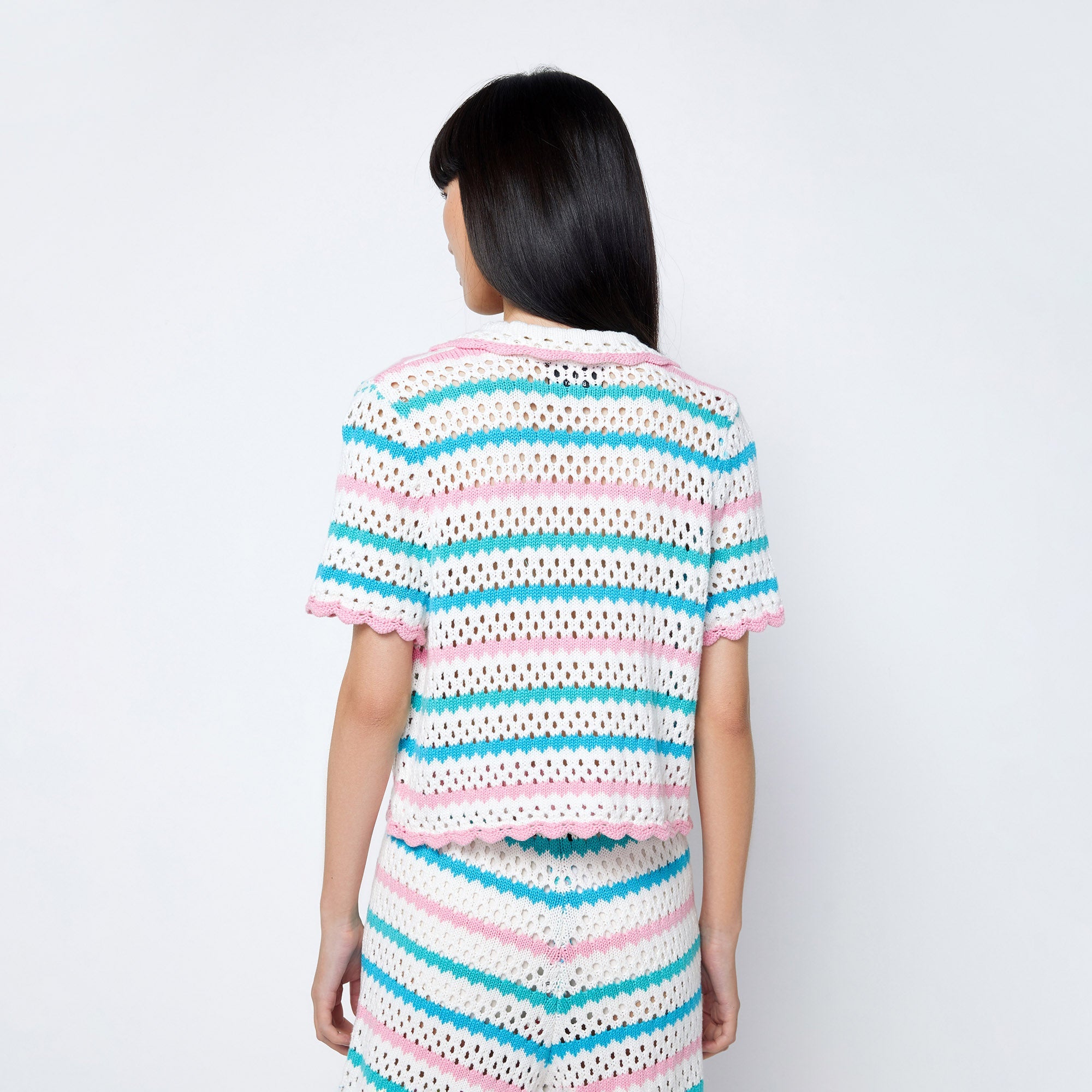 Jb Vibrant Striped Broderie Knitted Short Sleeve Shirt Multi Color