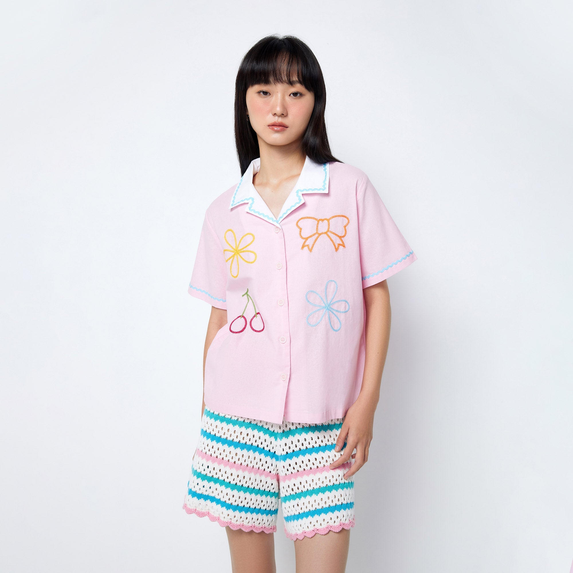 Jb Sweety Fruits Embroidered Short Sleeve Shirt Pink