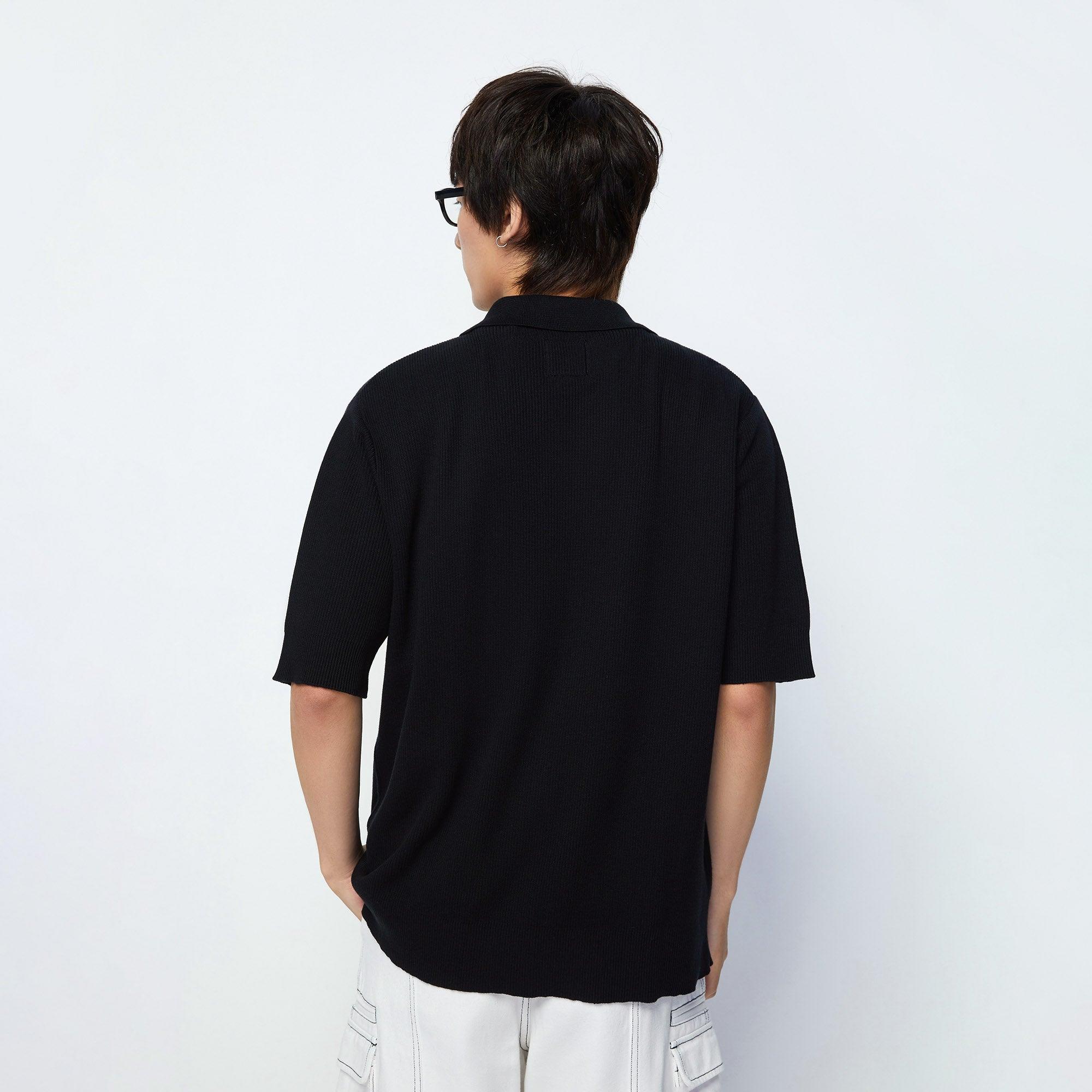 Embroidered Ribbed Knitted Short Sleeve Shirt Craftman Studio Black - Jelly Bunny Thailand Official Online Store