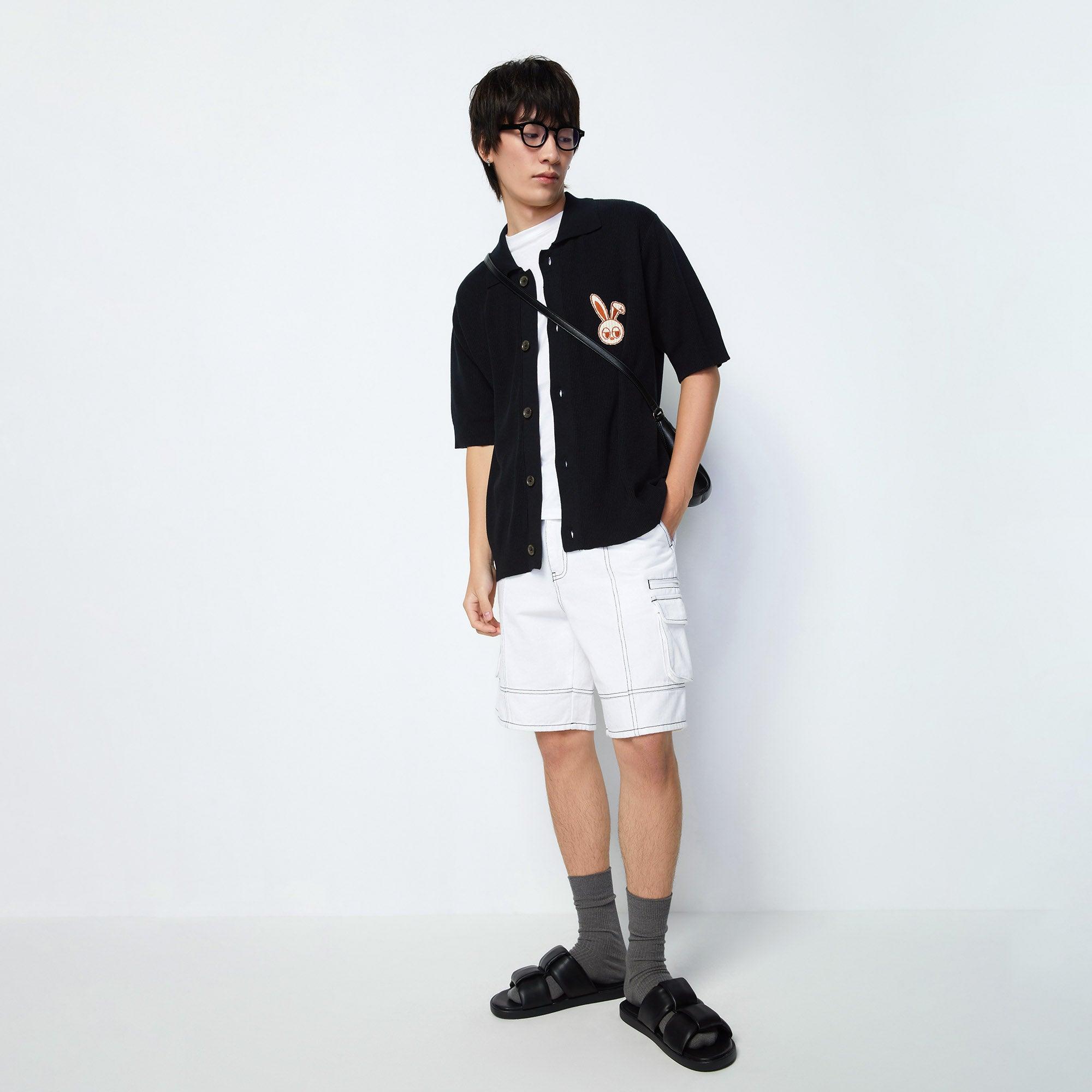 Embroidered Ribbed Knitted Short Sleeve Shirt Craftman Studio Black - Jelly Bunny Thailand Official Online Store