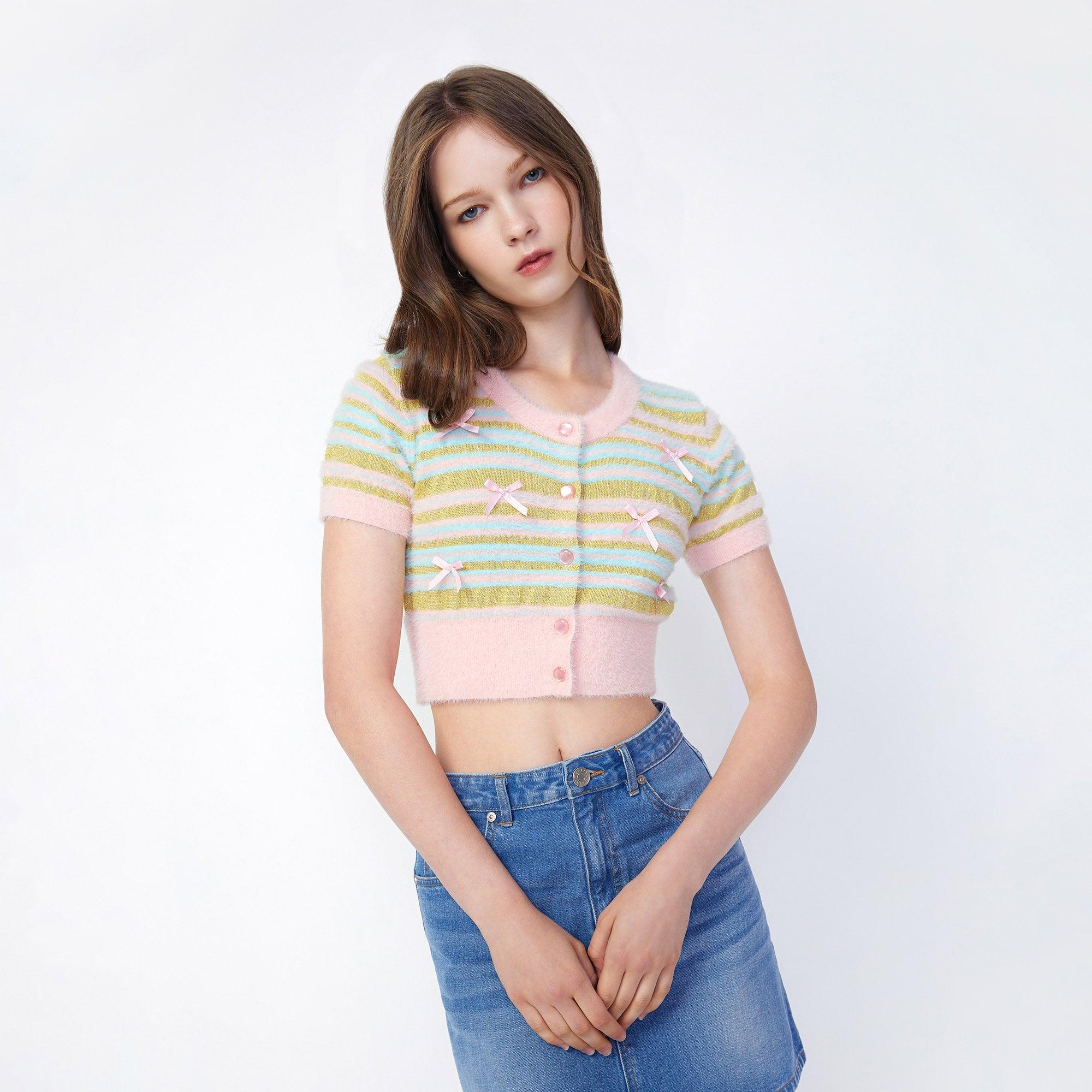 Sweet Angel Crop Fluffy Stripe Blose Multi Color - Jelly Bunny Thailand Official Online Store