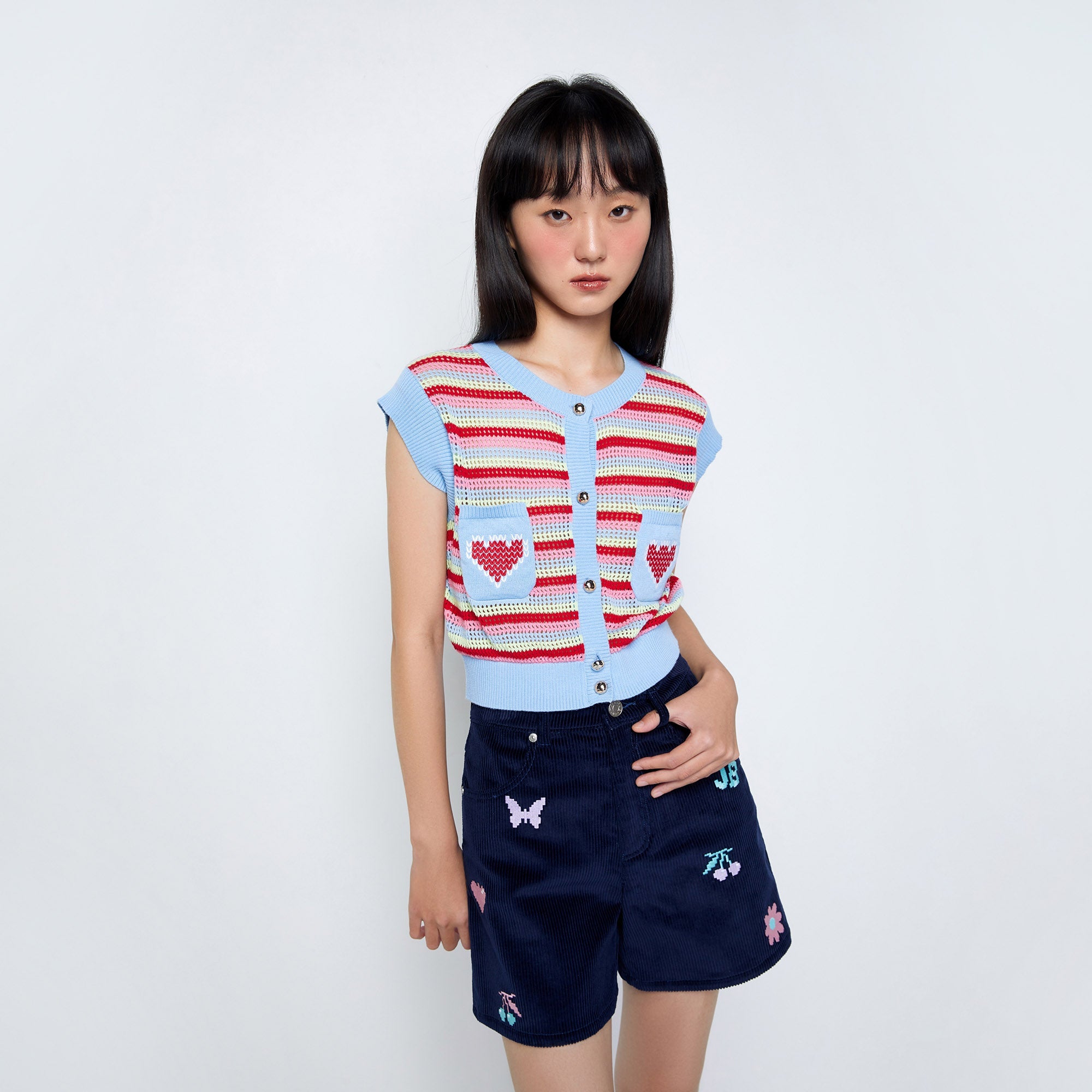 Heart Striped Knitted Sleeveless Top Multi Color