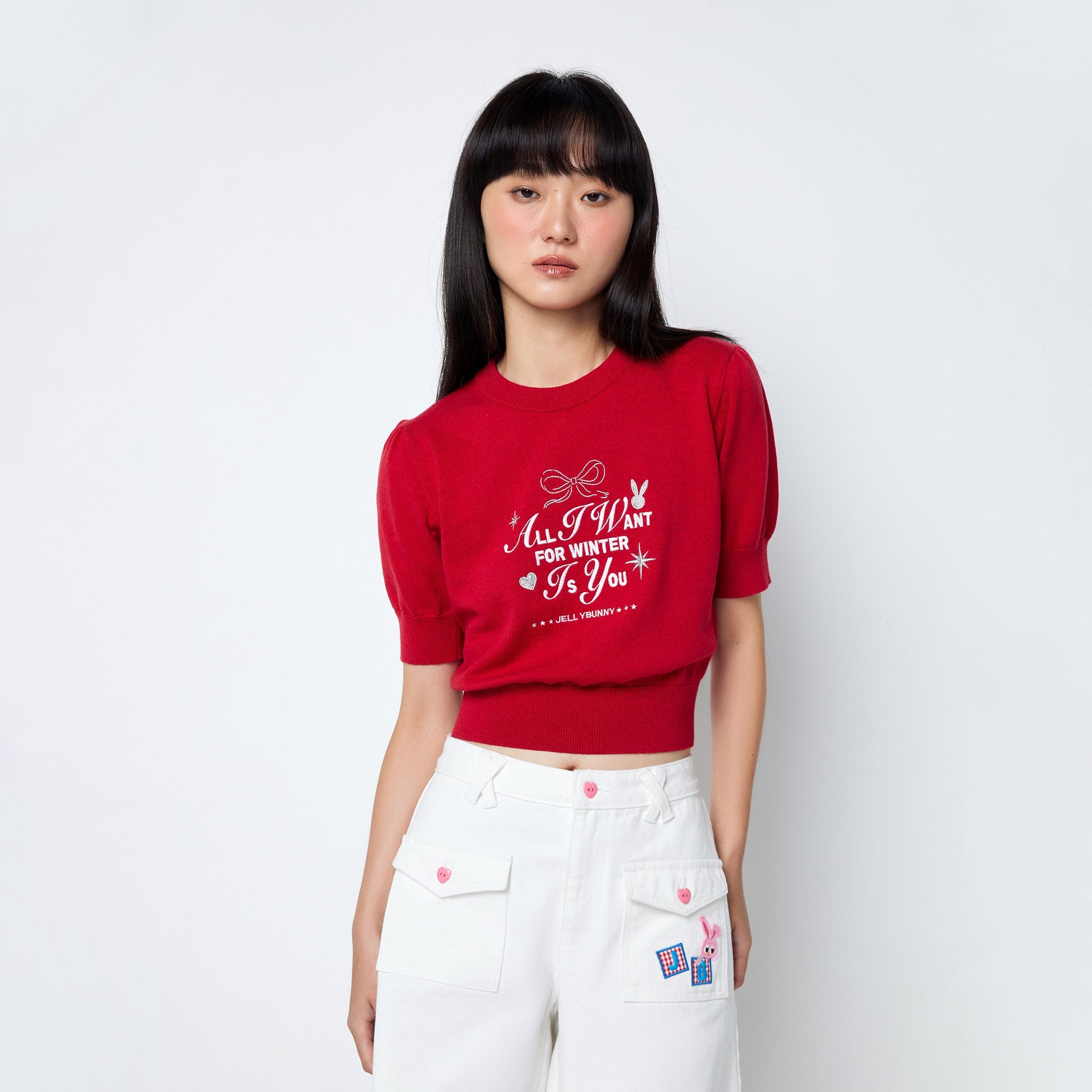 Merry Bunny Christmas Cropped Knitted Top Red