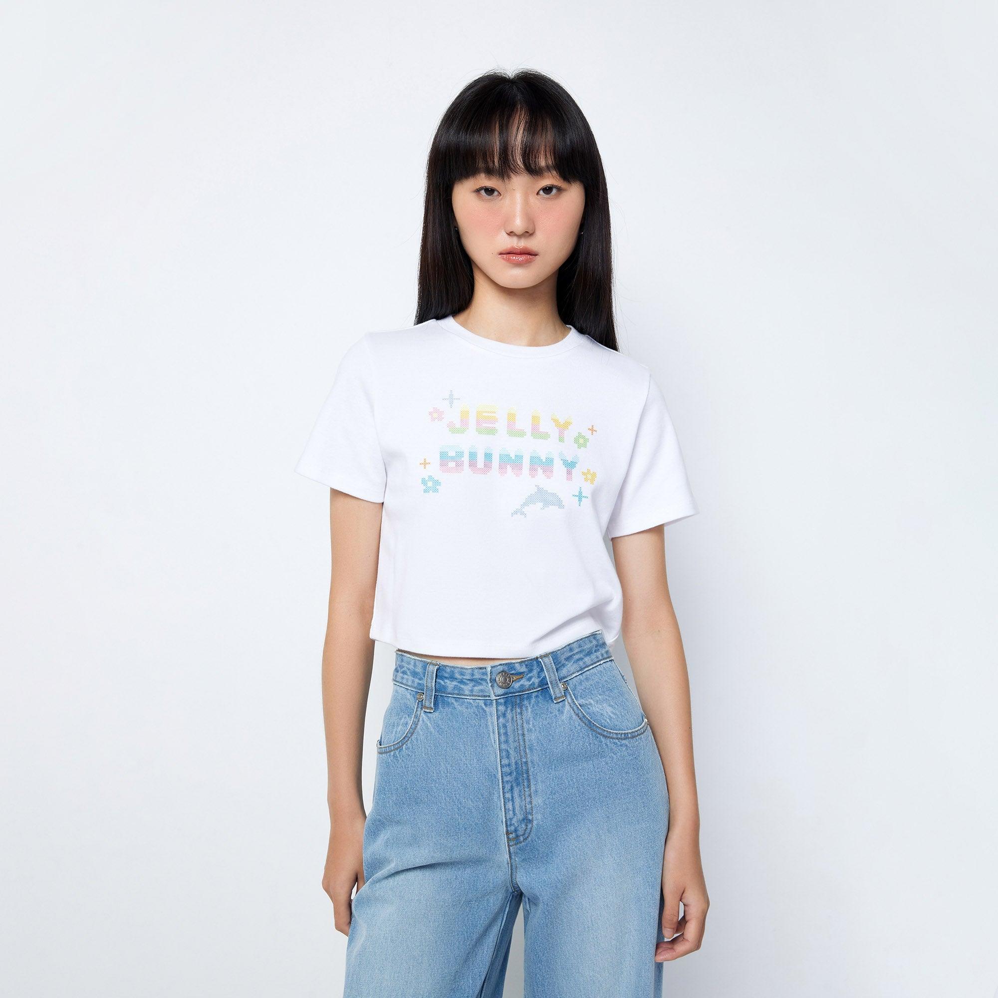 Jb Cross Stitch Cropped T-Shirt White - Jelly Bunny Thailand Official Online Store