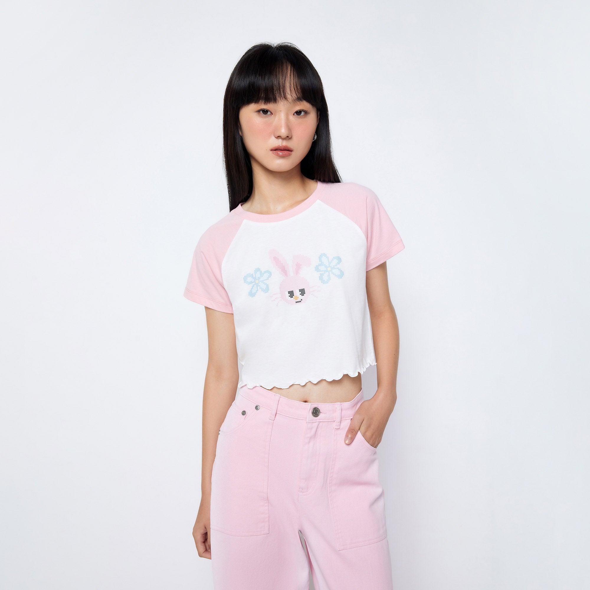 Jb Cross Stitch Cropped Wavy Hemline T-Shirt Multi Color - Jelly Bunny Thailand Official Online Store