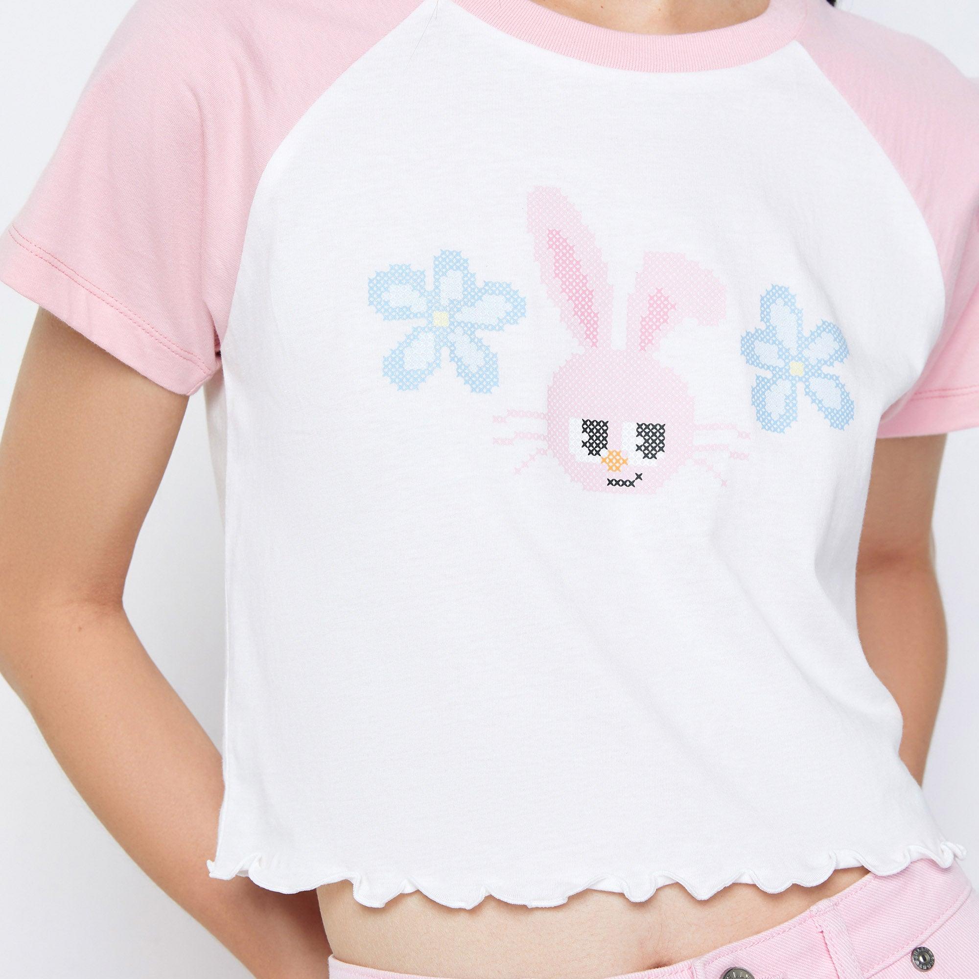 Jb Cross Stitch Cropped Wavy Hemline T-Shirt Multi Color - Jelly Bunny Thailand Official Online Store