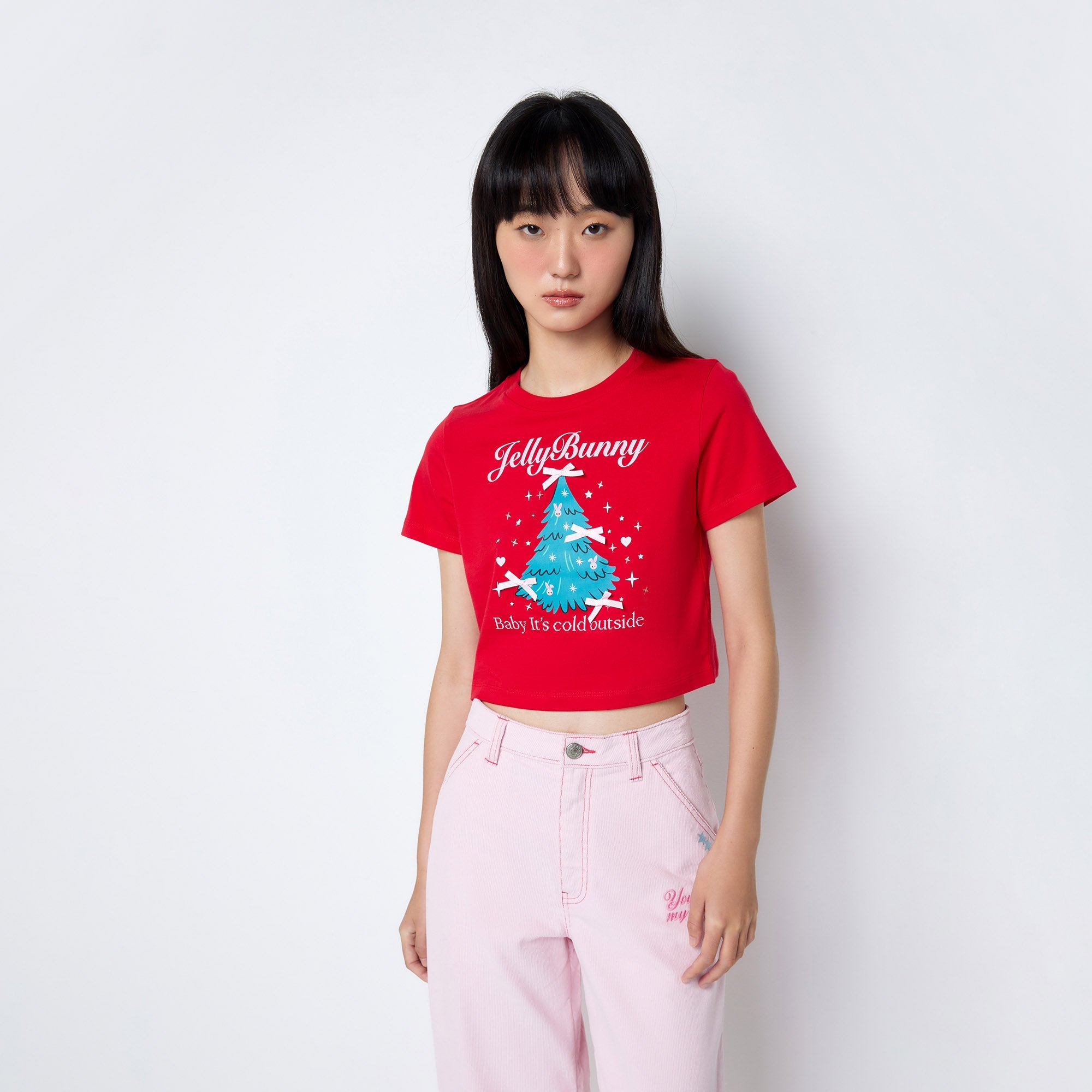 เสื้อยืดครอปพิมพ์ลาย Merry Bunny Christmas Red