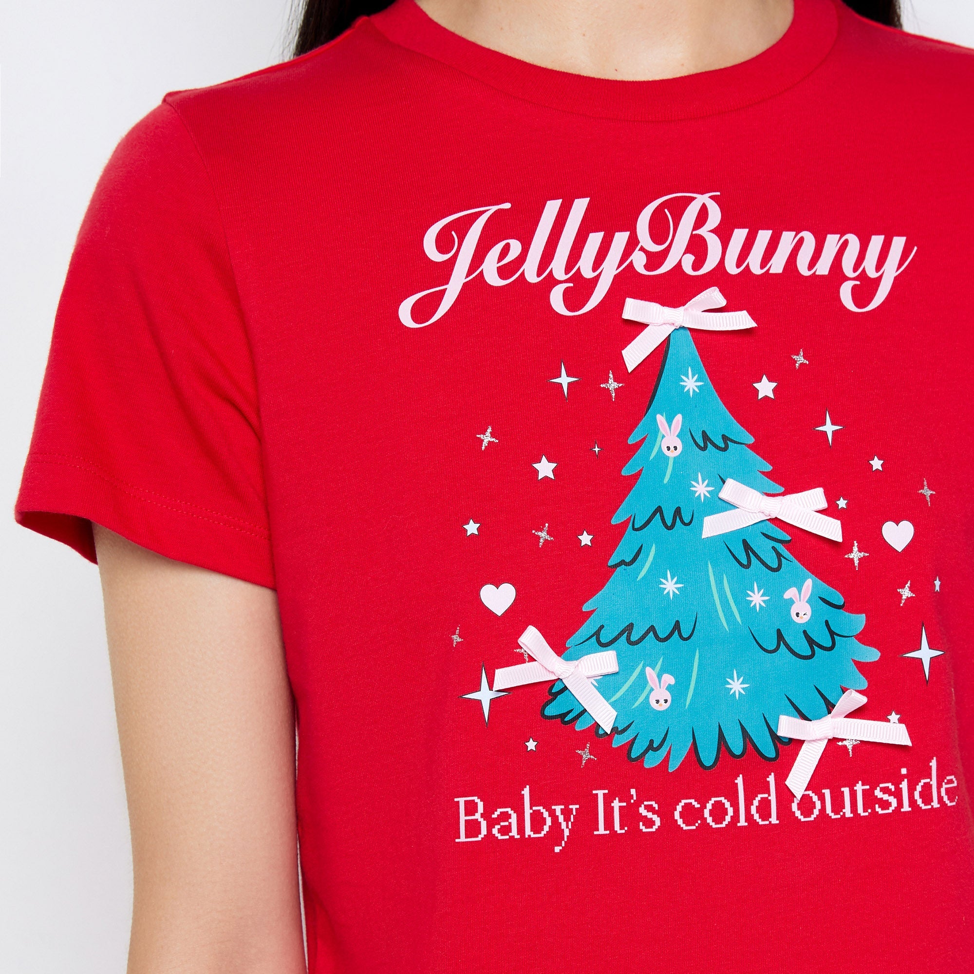 เสื้อยืดครอปพิมพ์ลาย Merry Bunny Christmas Red