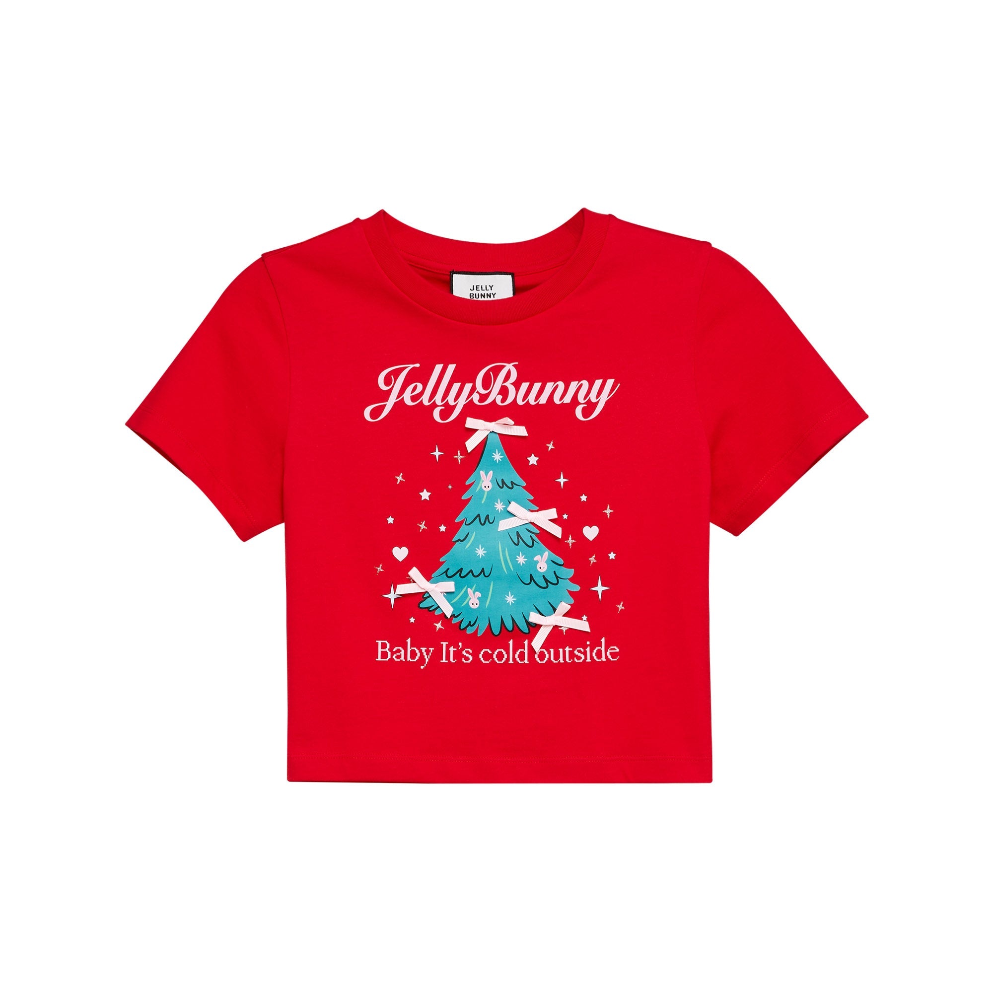 เสื้อยืดครอปพิมพ์ลาย Merry Bunny Christmas Red