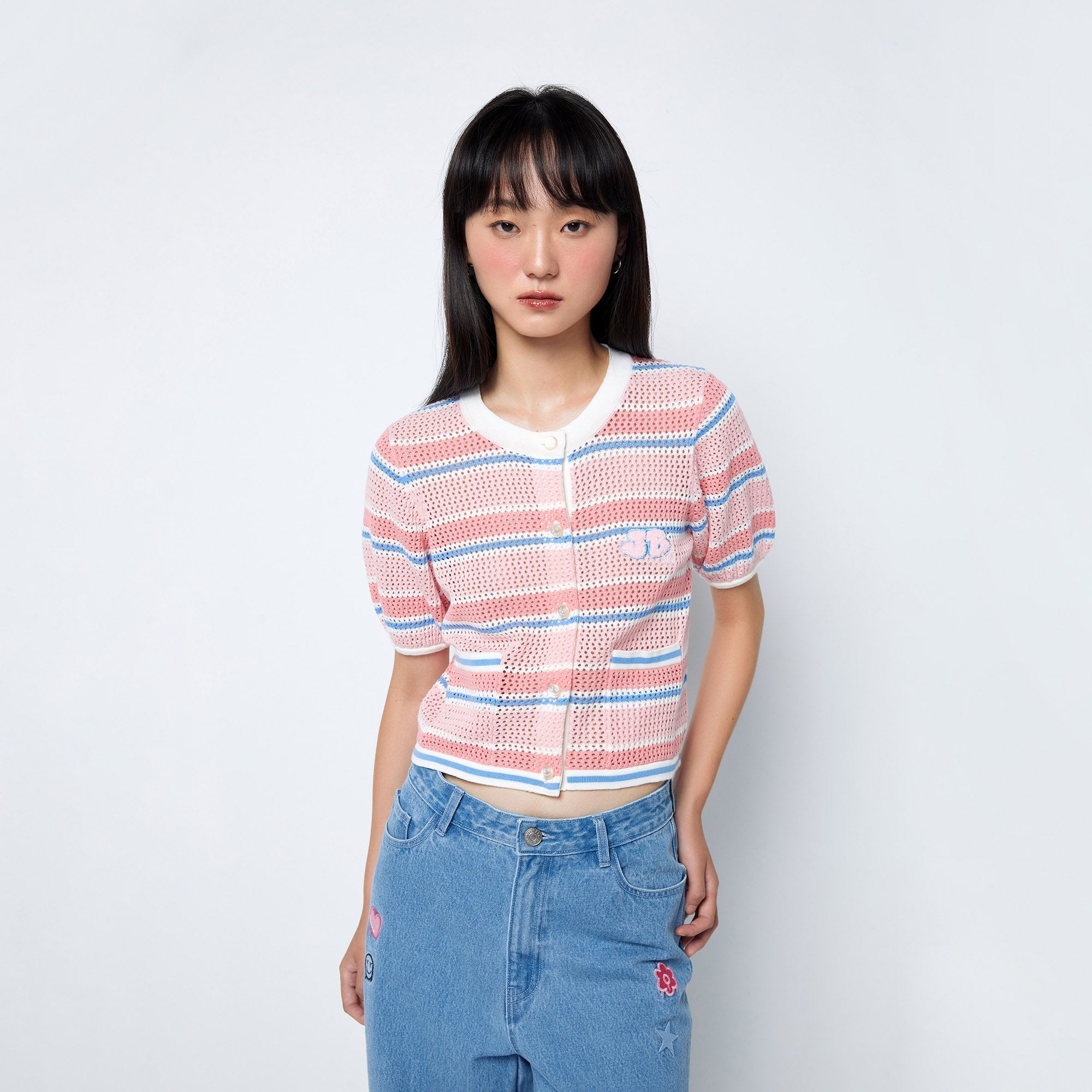 Jb Vibrant Striped Knitted  Short Sleeve Crop Top Multi Color