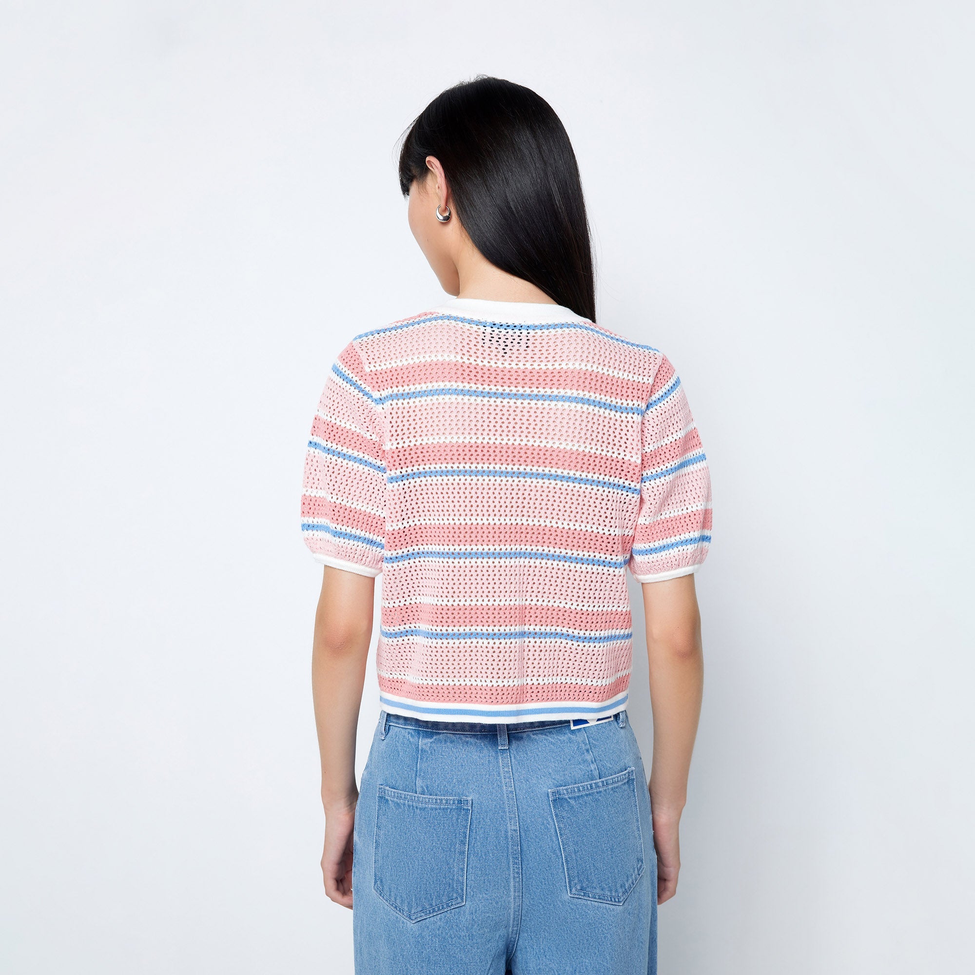 Jb Vibrant Striped Knitted  Short Sleeve Crop Top Multi Color