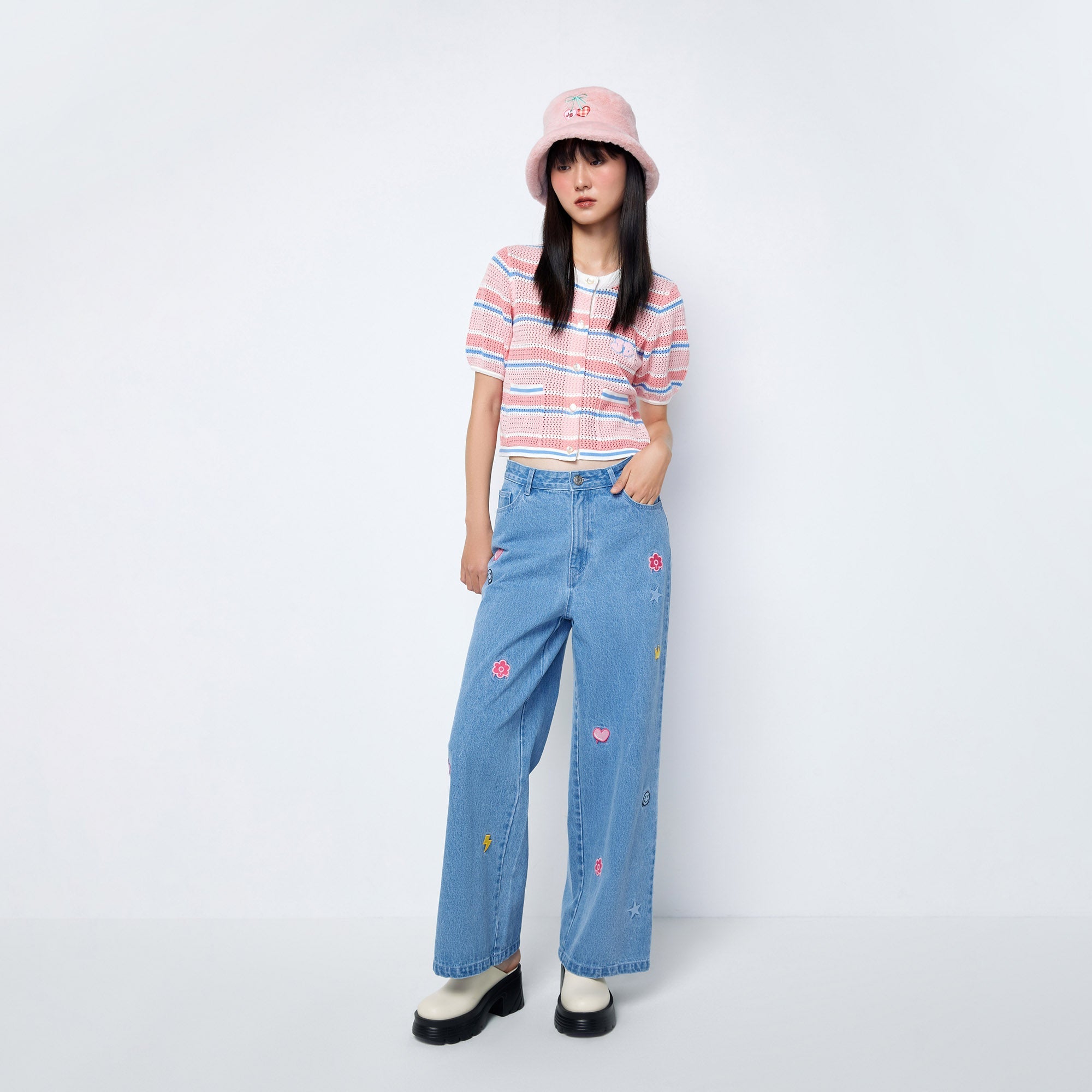 Jb Vibrant Striped Knitted  Short Sleeve Crop Top Multi Color