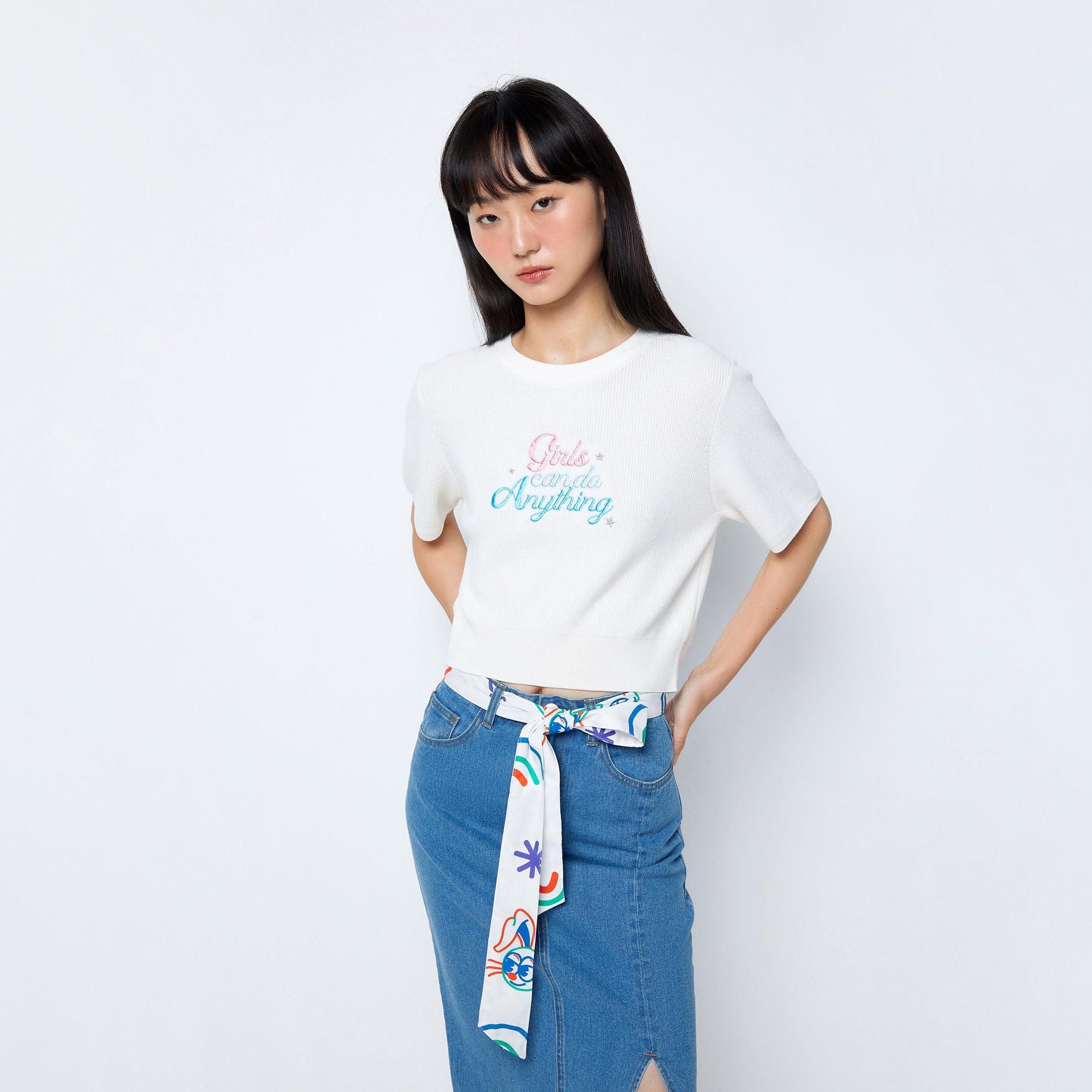 Girls Can Do Anything Knitted Cropped T-Shirt White