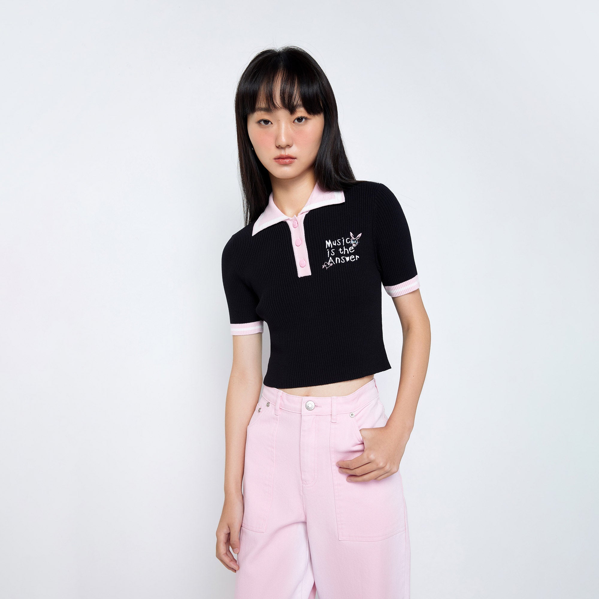 Music Is The Answer Ribbed Knitted Cropped Top Black