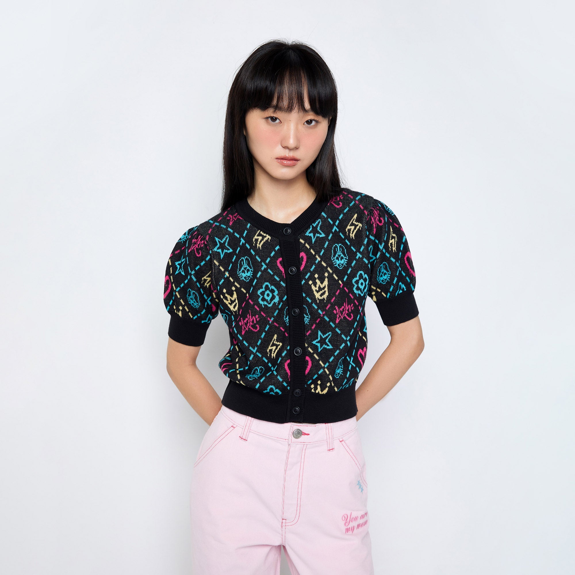 Jb Whimsy Street Knitted Short Sleeve Crop Top Multi Color