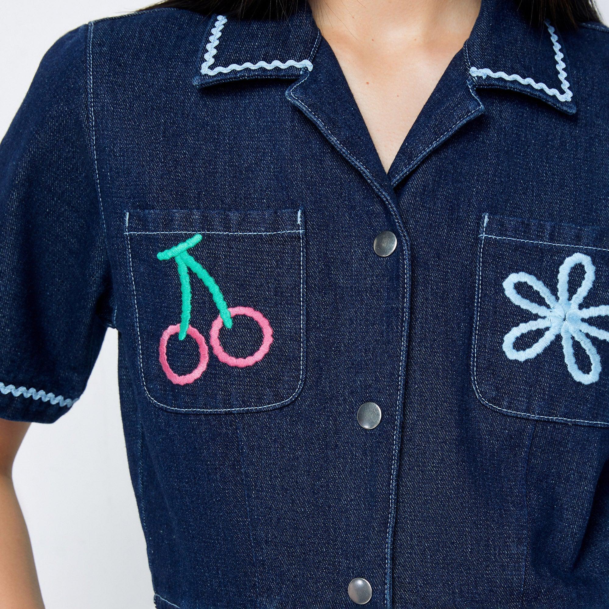 Embroidered Denim Romper Craftman Studio Blue - Jelly Bunny Thailand Official Online Store